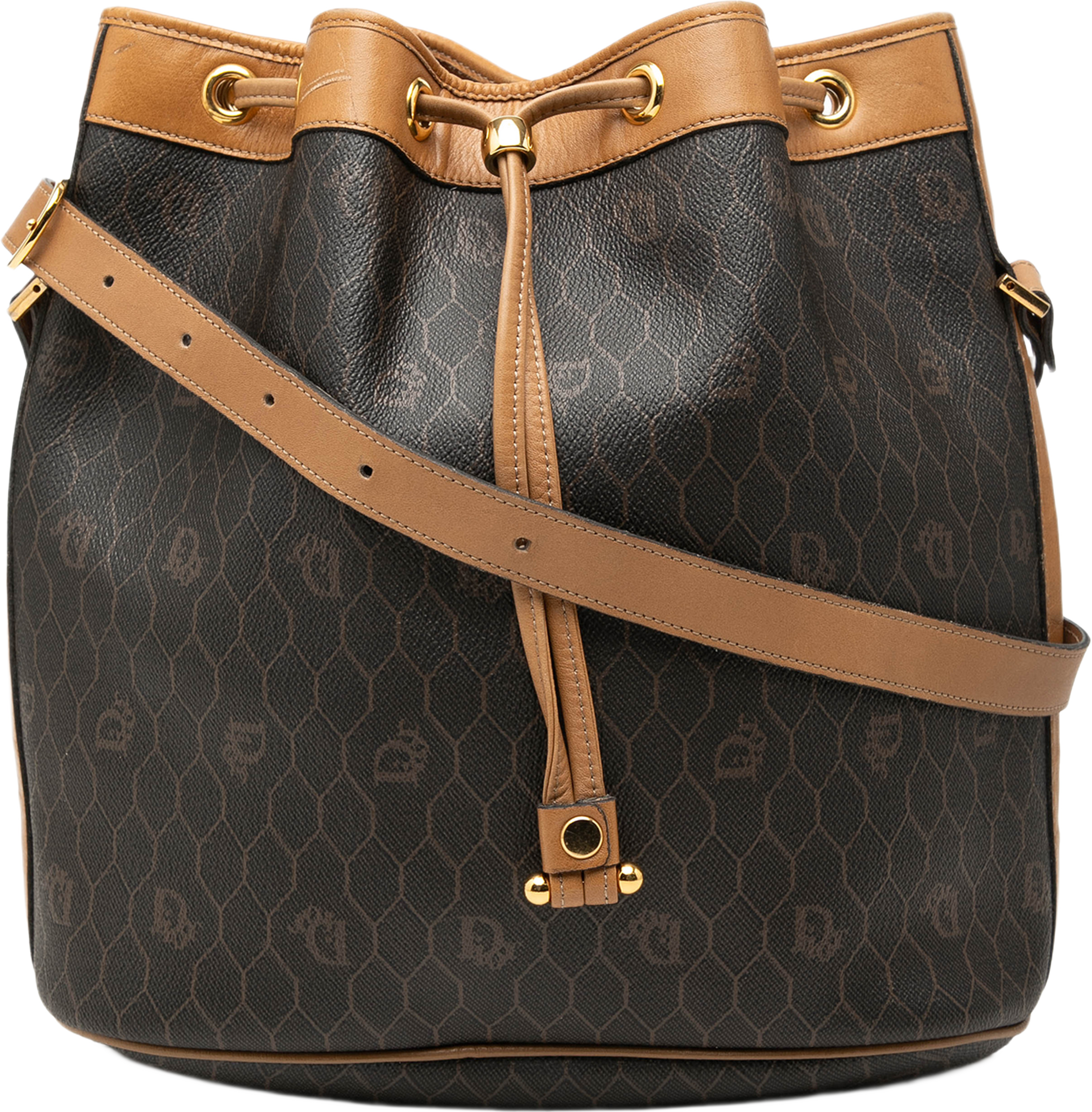 Dior Honeycomb Coated Canvas Drawstring Bucket Bag, från Luxclusif, i färgen svart. Klicka för att öppna bilden i stort format
