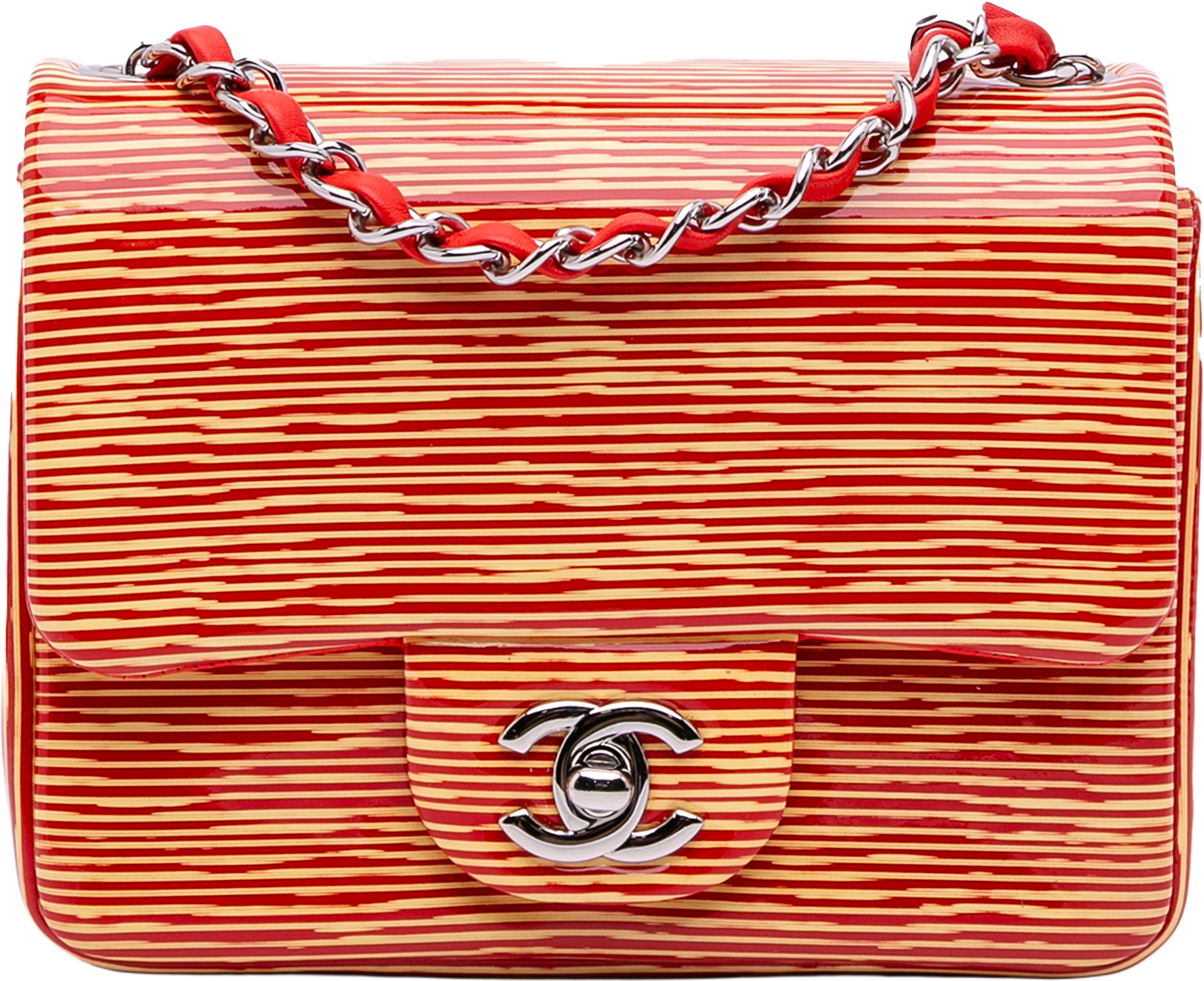 Chanel Mini Square Classic Patent Striped Single Flap, från Luxclusif, i färgen orange. Klicka för att öppna bilden i stort format