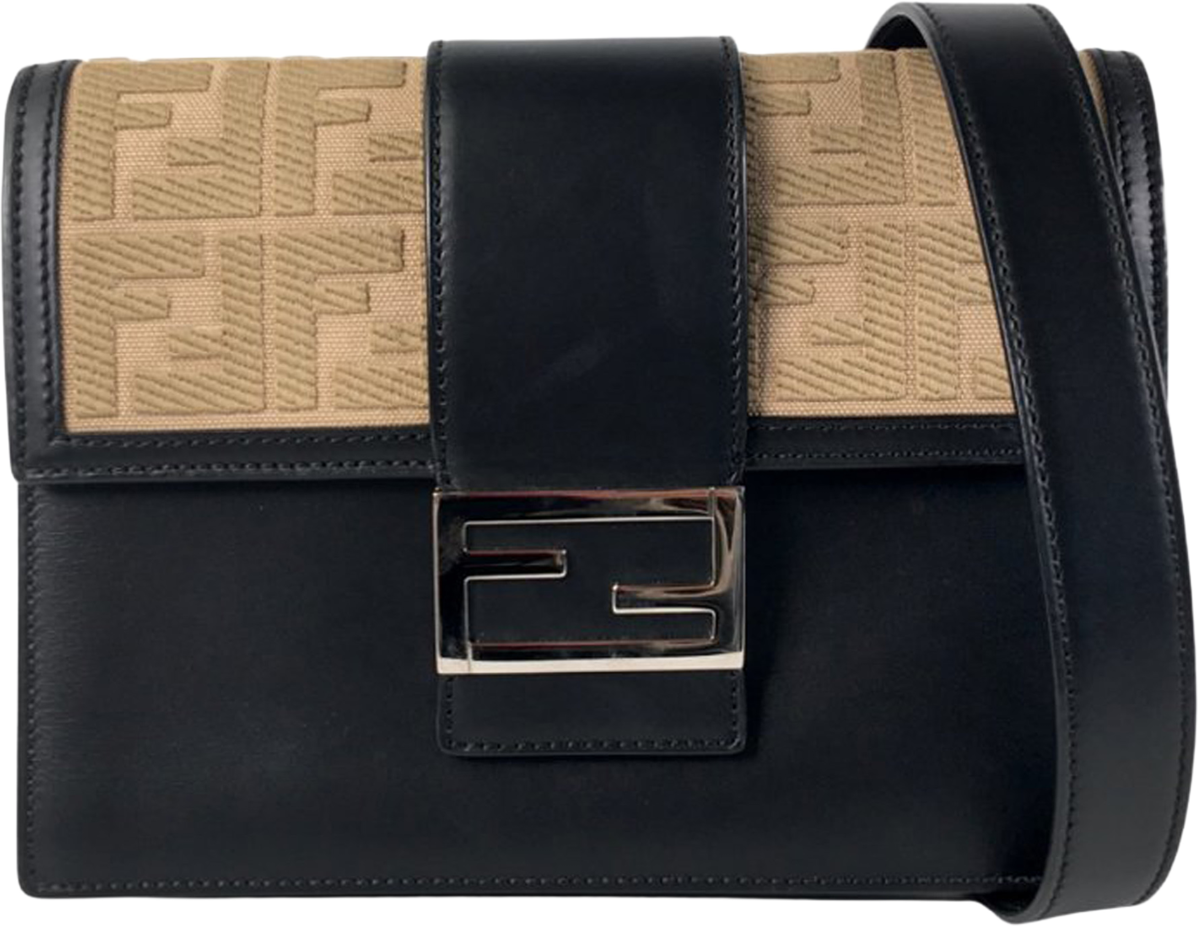 Fendi Calfskin And Canvas Ff 1974 Flat Baguette Crossbody, från Luxclusif, i färgen black. Klicka för att öppna bilden i stort format