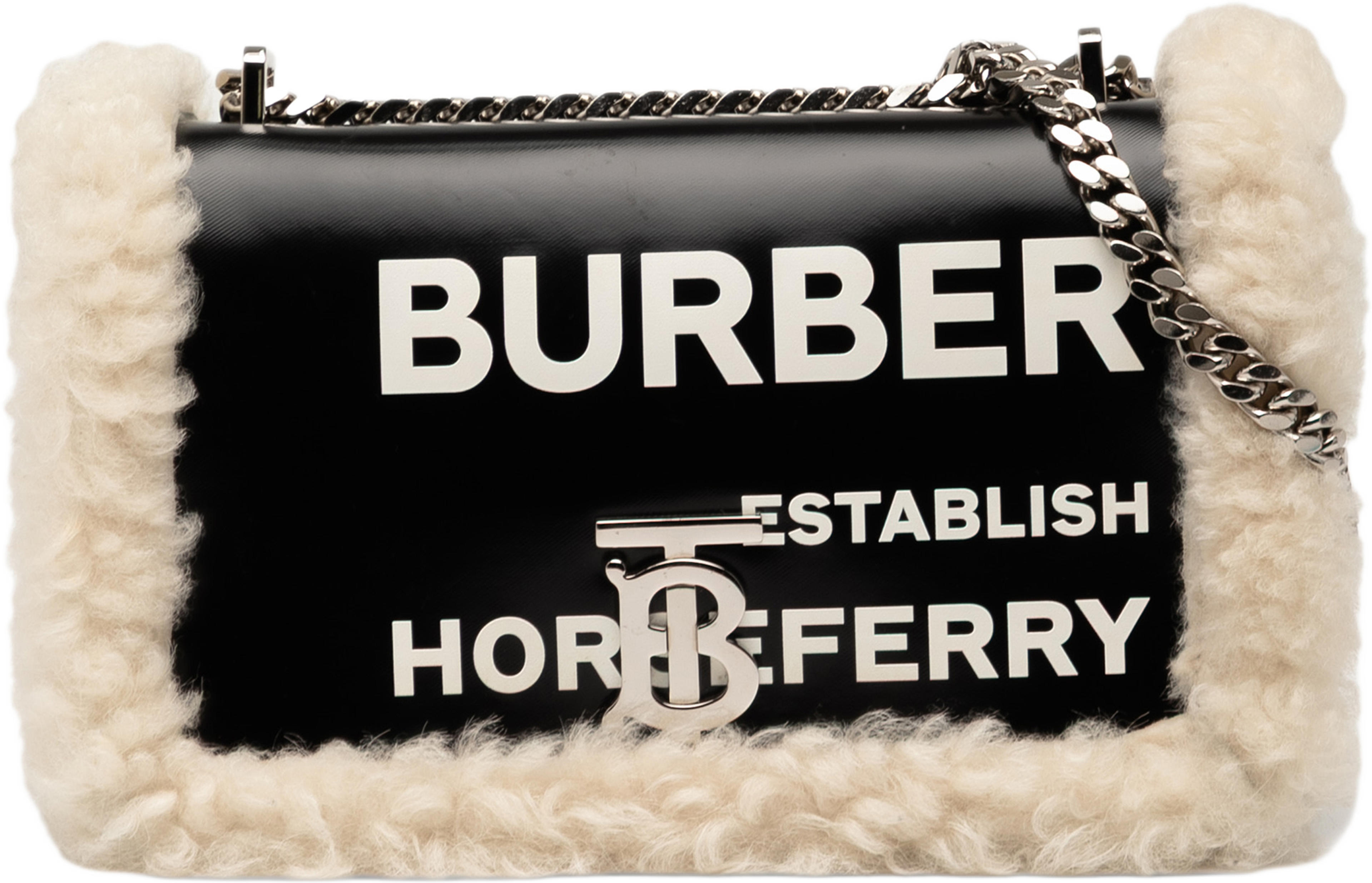 Burberry Small Shearling Trimmed Coated Canvas Lola Crossbody, från Luxclusif, i färgen black. Klicka för att öppna bilden i stort format