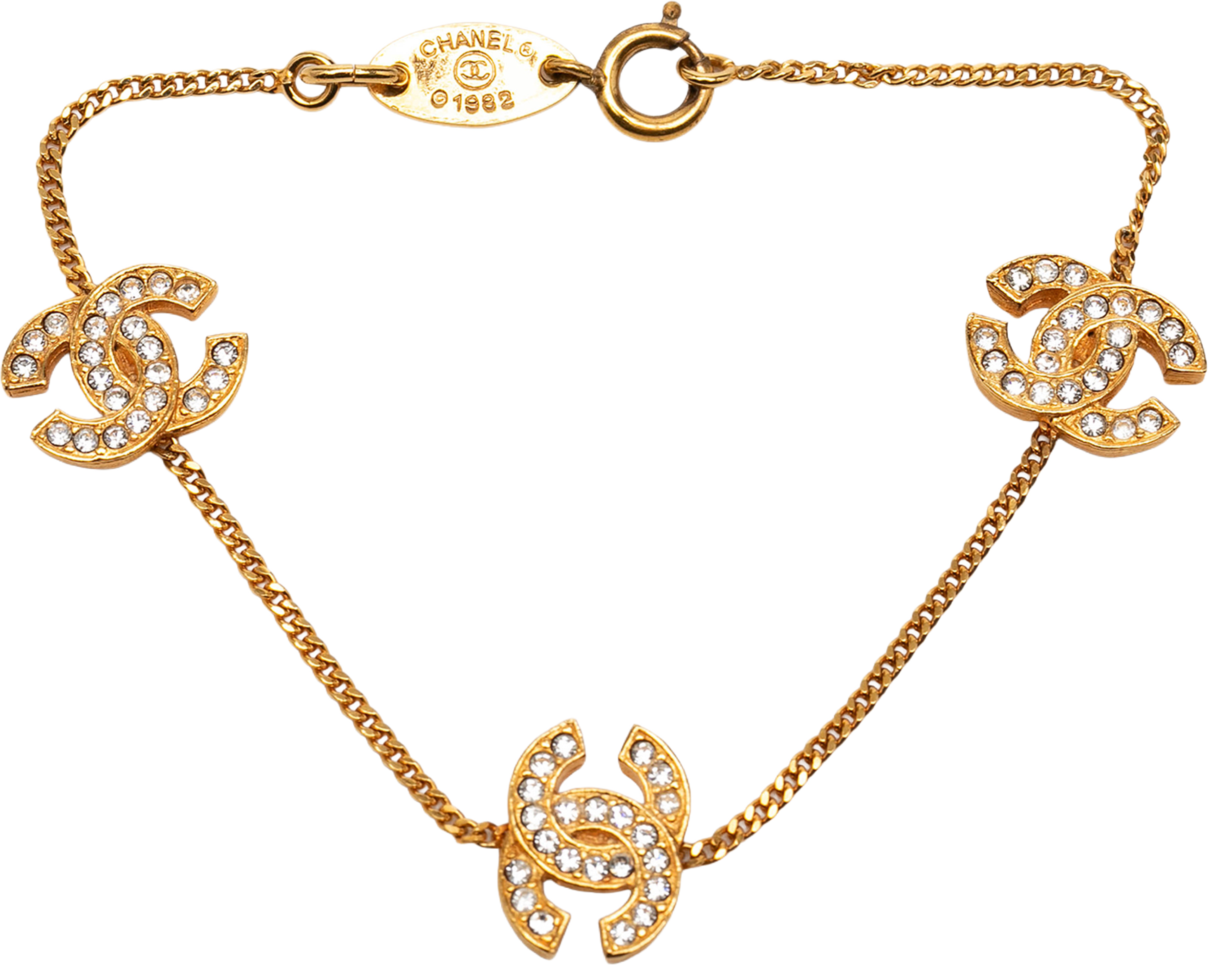Chanel Triple Cc Gold Plated Strass Bracelet, från Luxclusif, i färgen guld. Klicka för att öppna bilden i stort format