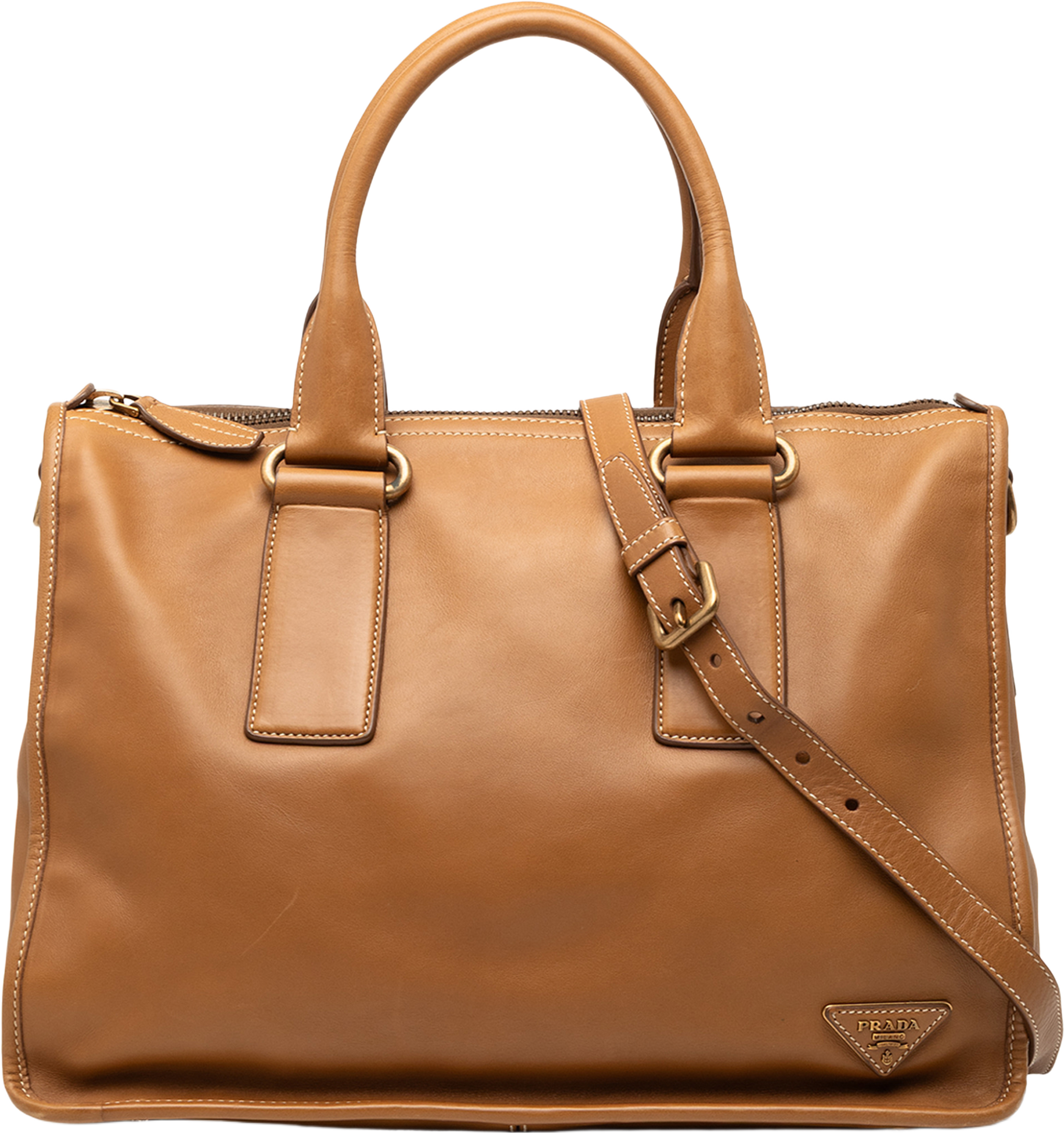 Prada Soft Calf Satchel, från Luxclusif, i färgen camel. Klicka för att öppna bilden i stort format