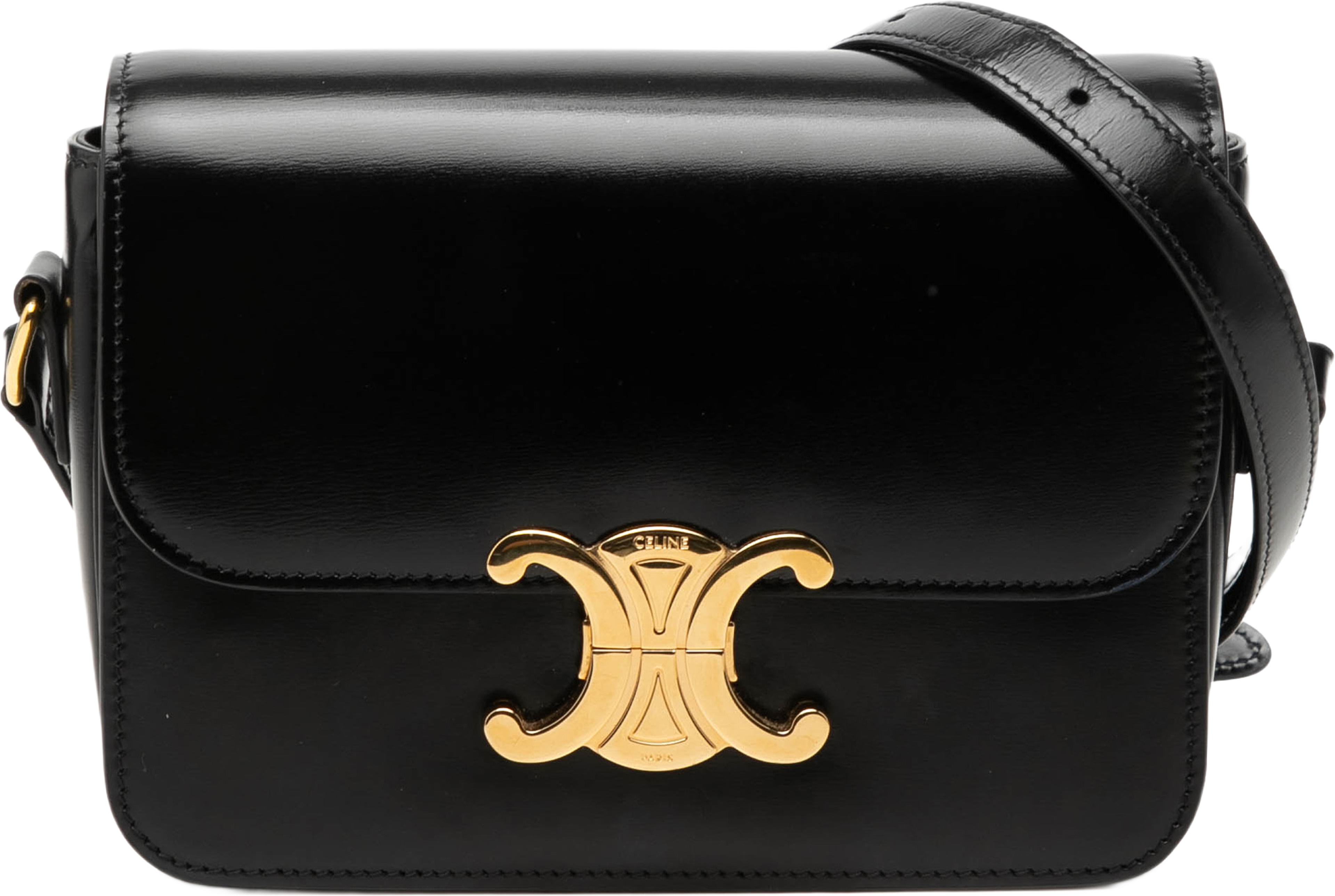 Celine Teen Shiny Calfskin Triomphe Crossbody, från Luxclusif, i färgen black. Klicka för att öppna bilden i stort format