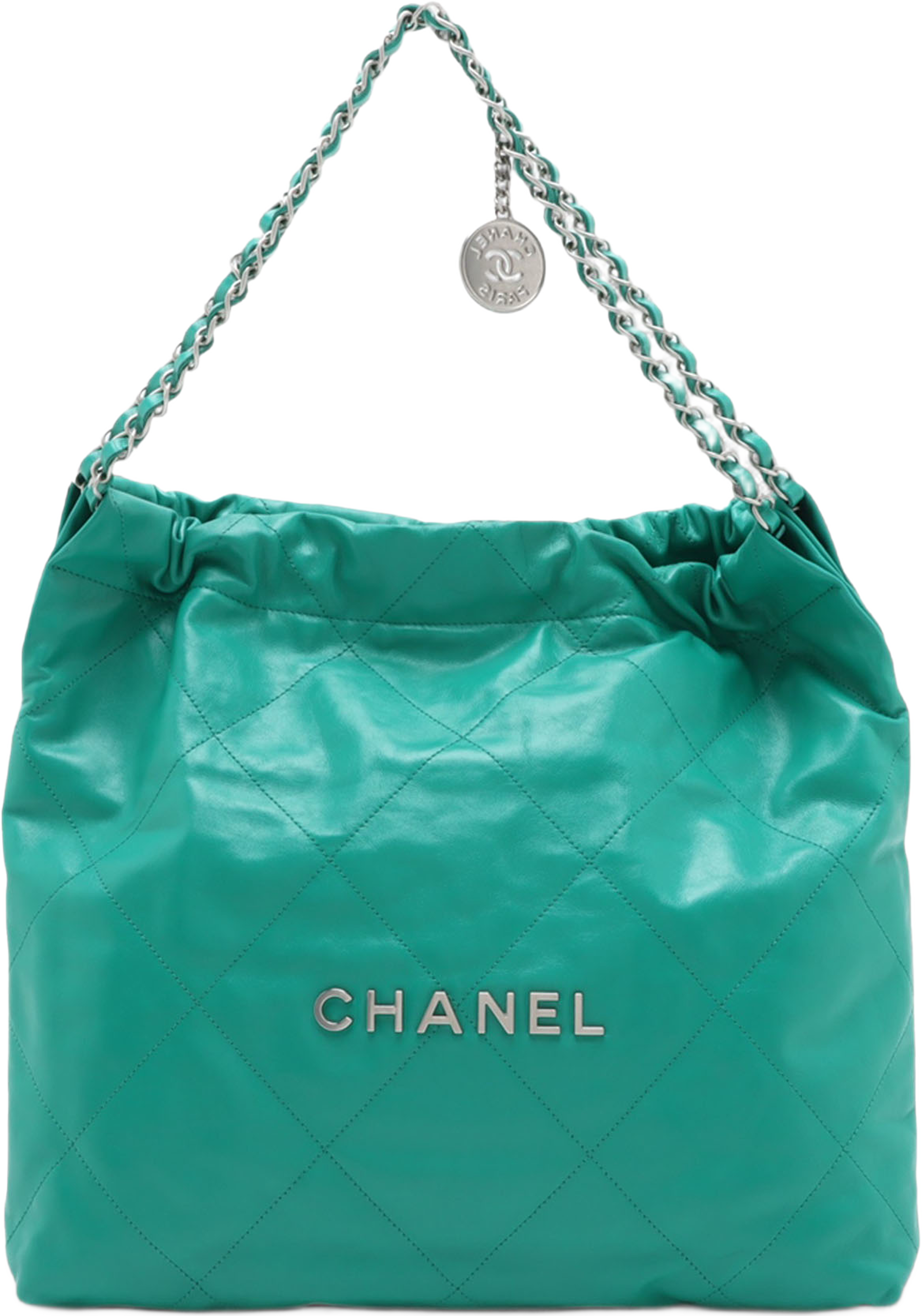 Chanel Medium Quilted Shiny Calfskin 22 Handbag, från Luxclusif, i färgen grön. Klicka för att öppna bilden i stort format