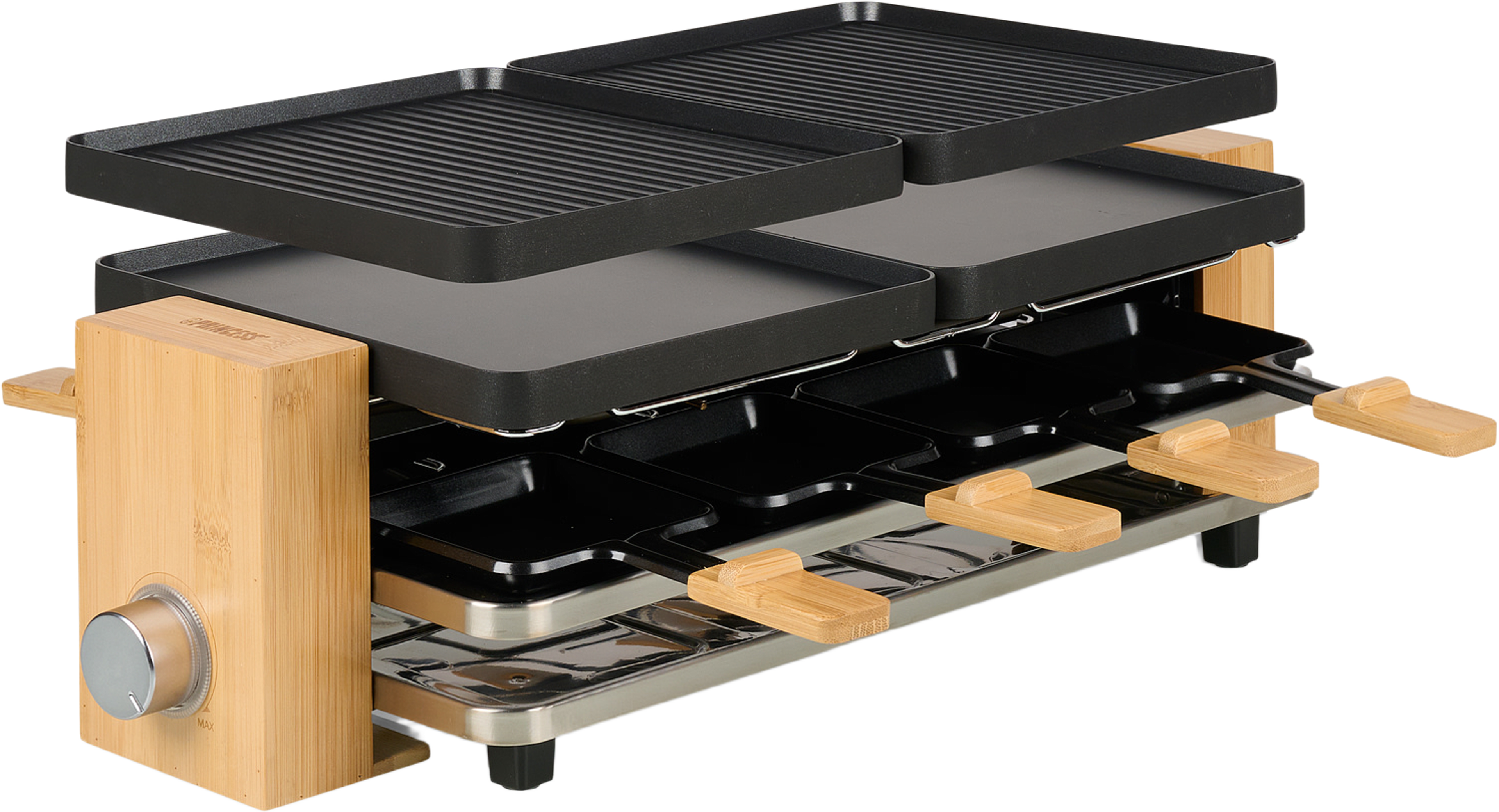 Raclette Pure 8 Bamboo, från Princess, i färgen bambu/svart. Klicka för att öppna bilden i stort format