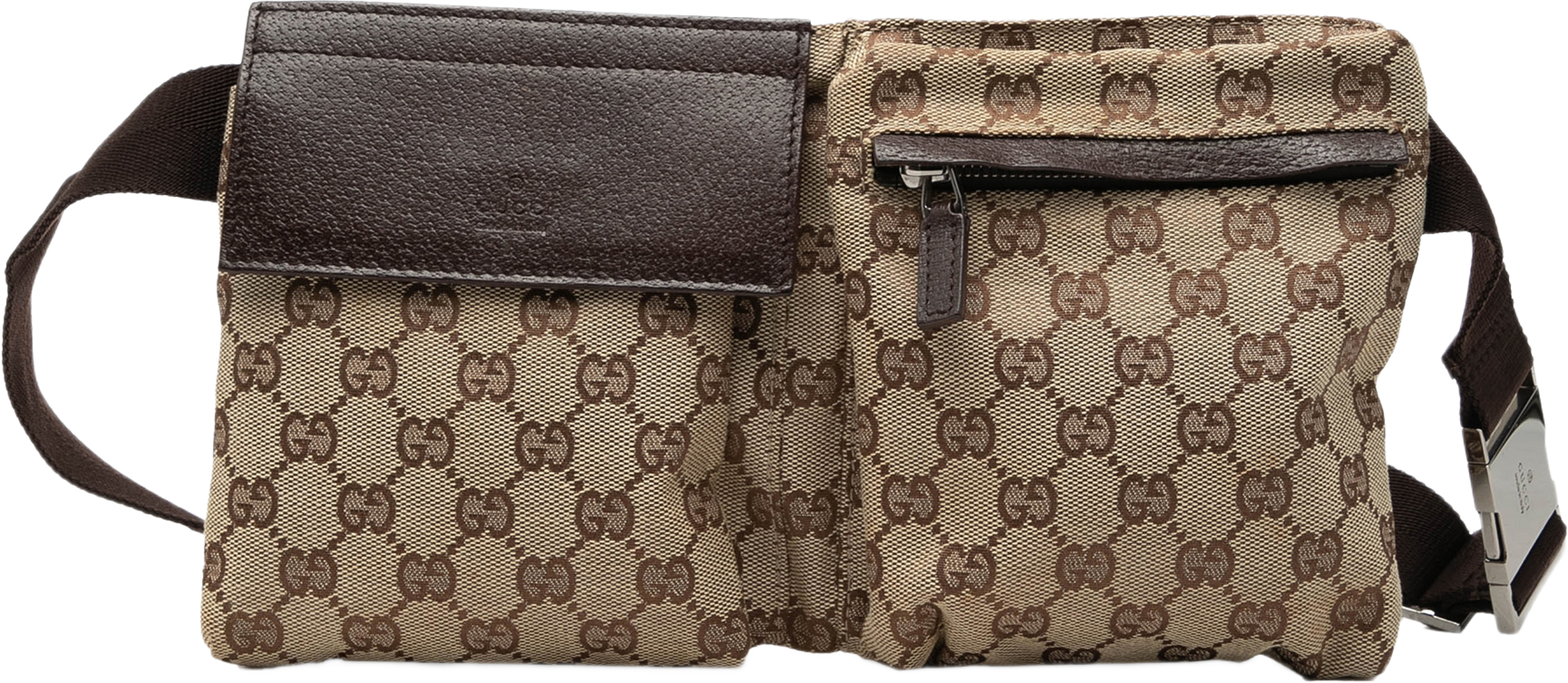 Gucci Gg Canvas Double Pocket Belt Bag, från Luxclusif, i färgen beige. Klicka för att öppna bilden i stort format