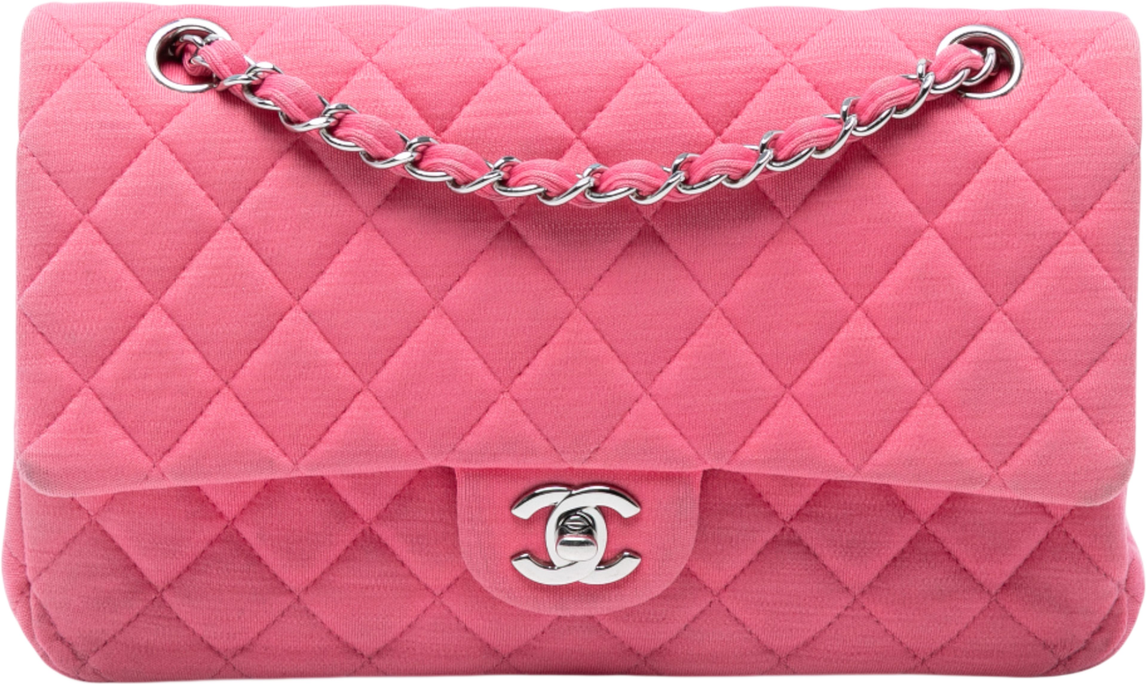 Chanel Medium Classic Jersey Double Flap, från Luxclusif, i färgen pink. Klicka för att öppna bilden i stort format