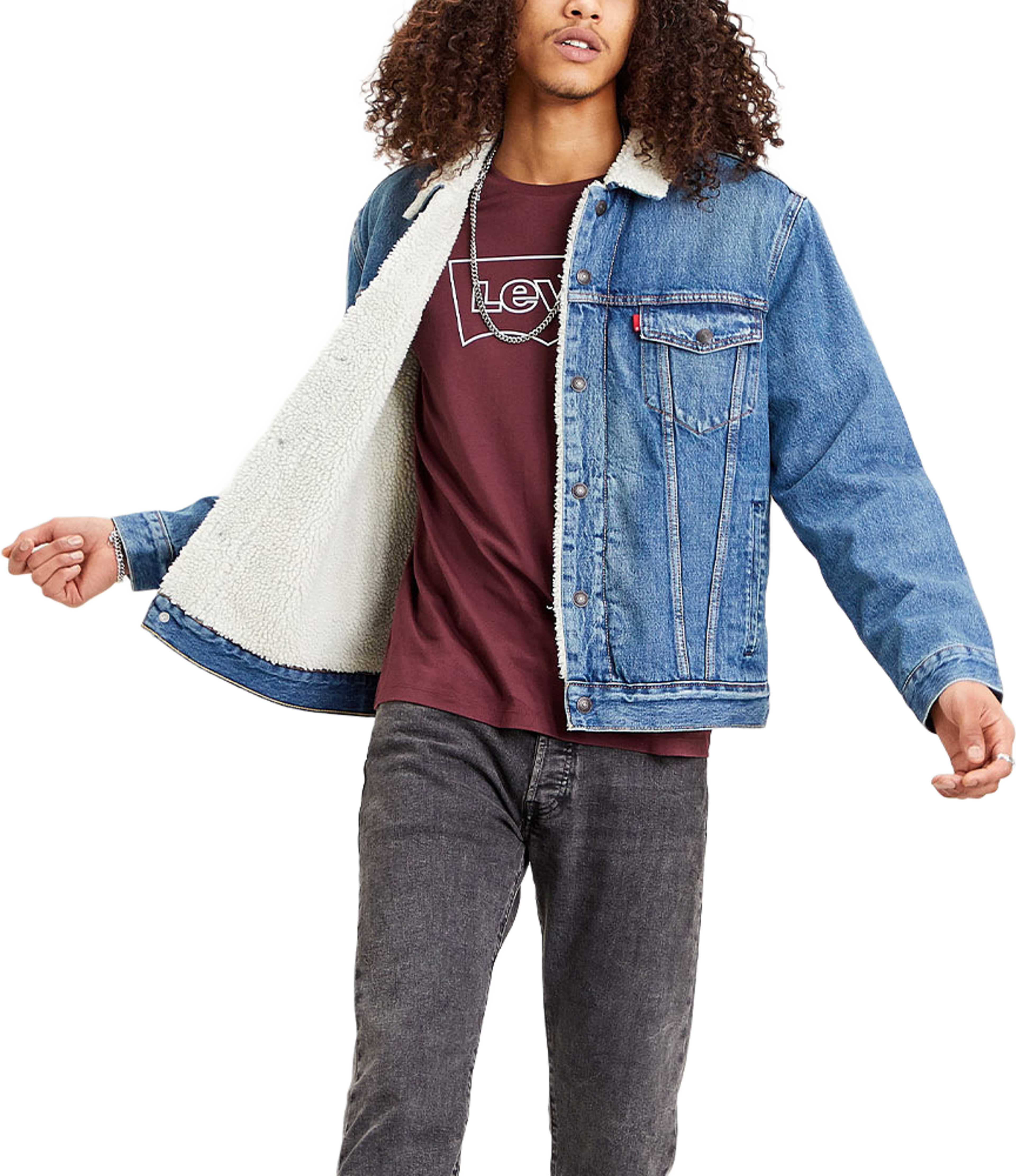 Type 3 Sherpa Trucker, från Levi's, i färgen Med Indigo - Worn In. Klicka för att öppna bilden i stort format