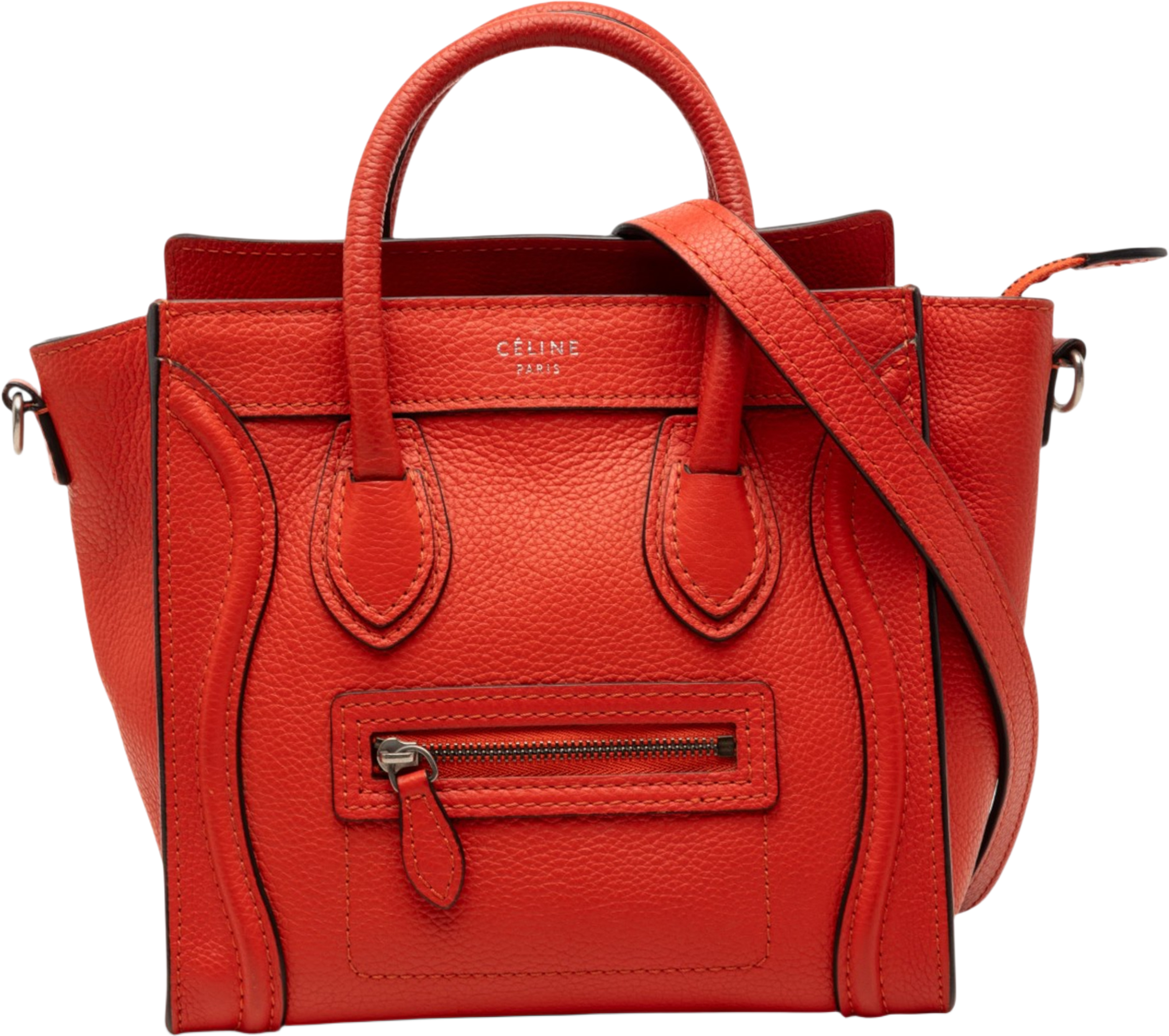 Celine Nano Leather Luggage Tote, från Luxclusif, i färgen red orange. Klicka för att öppna bilden i stort format
