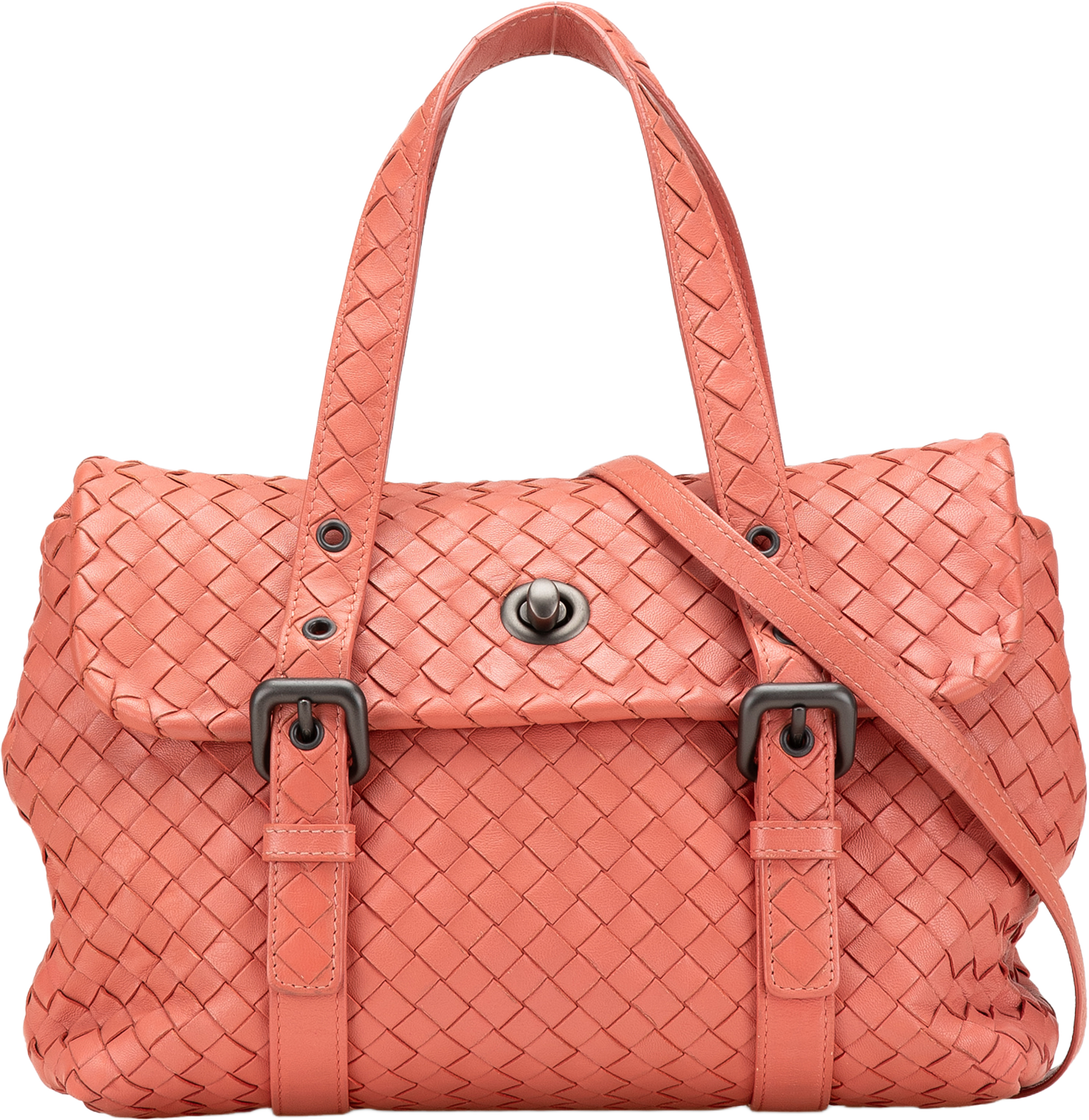 Bottega Veneta Leather Intrecciato Flap Satchel, från Luxclusif, i färgen peach. Klicka för att öppna bilden i stort format
