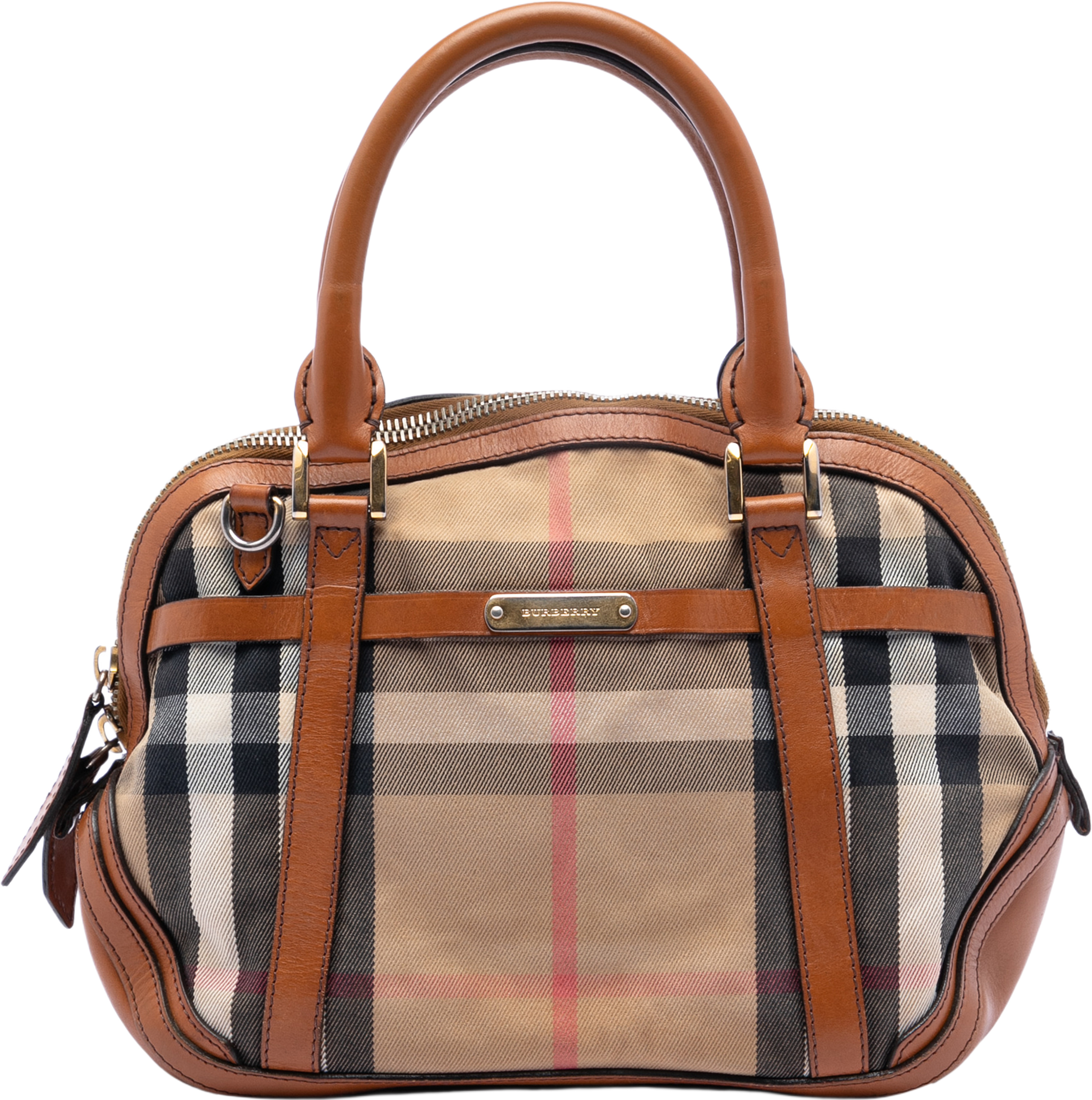 Burberry Small Leather Trimmed House Check Canvas Bridle Orchard Satchel, från Luxclusif, i färgen light brown. Klicka för att öppna bilden i stort format