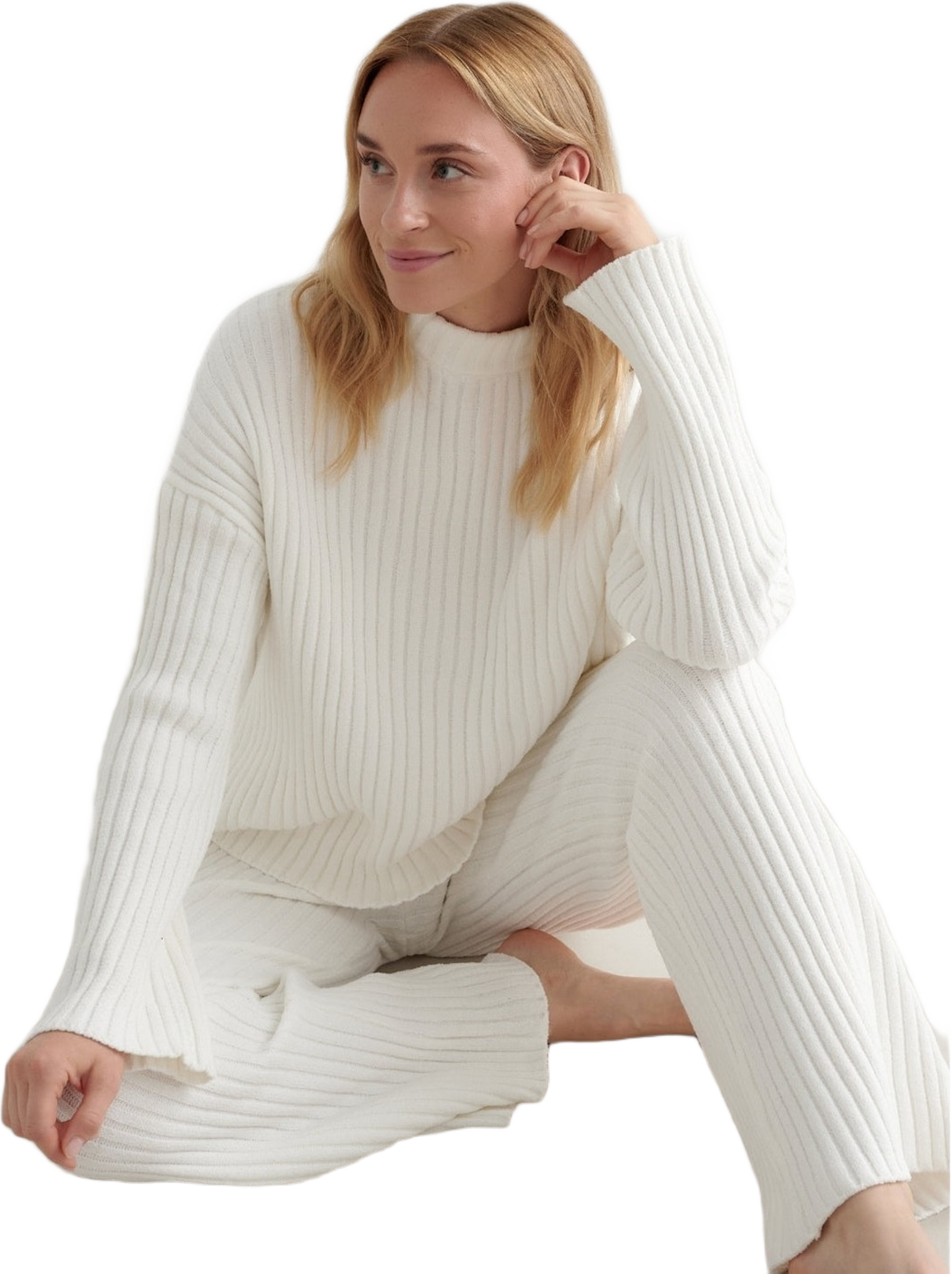 Almond White Rib Knit Sweater