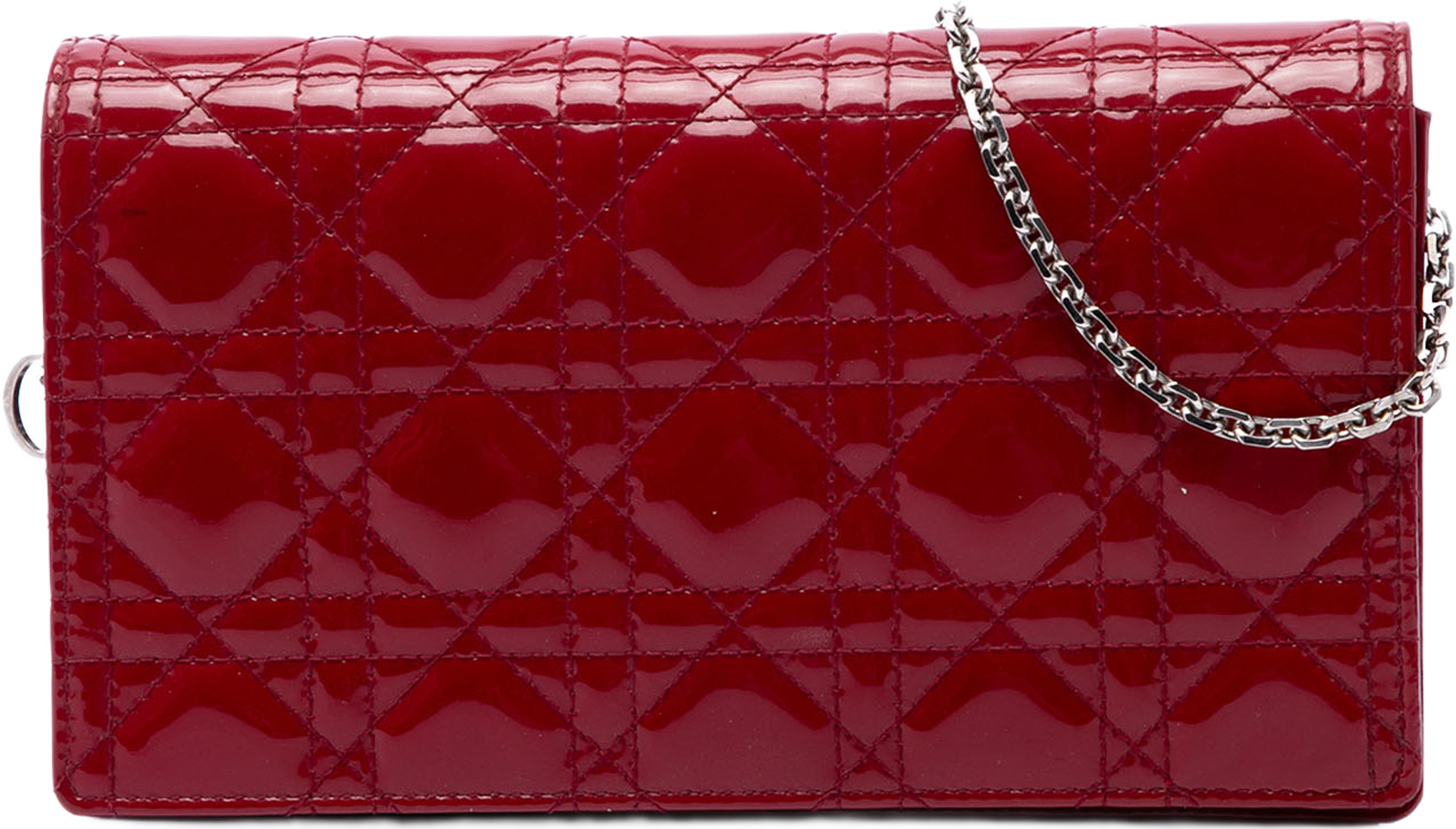 Dior Patent Cannage Lady Dior Chain Convertible Clutch, från Luxclusif, i färgen röd. Klicka för att öppna bilden i stort format