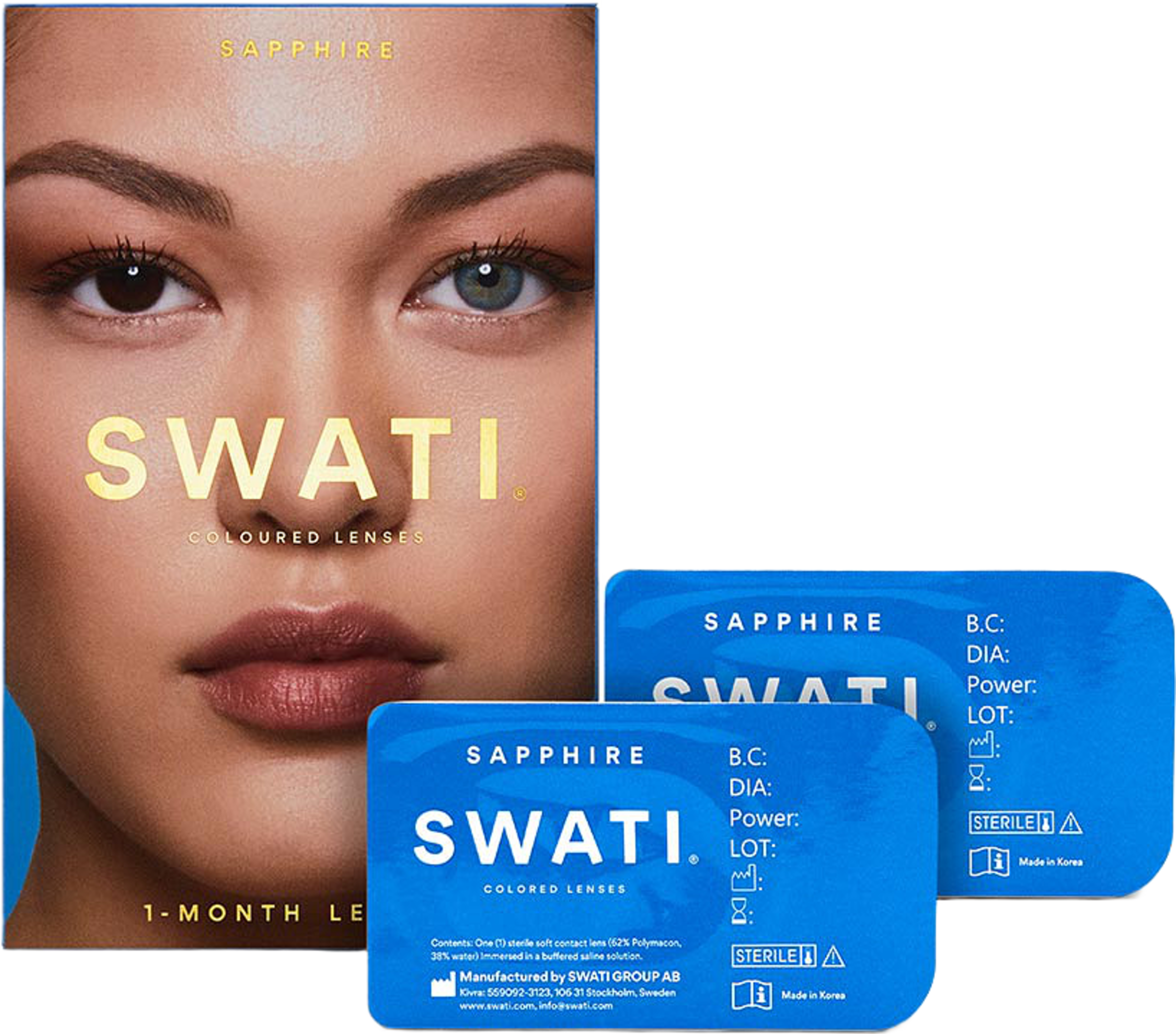 Coloured Lenses 1 Month Sapphire, från SWATI Cosmetics, i färgen Sapphire. Klicka för att öppna bilden i stort format