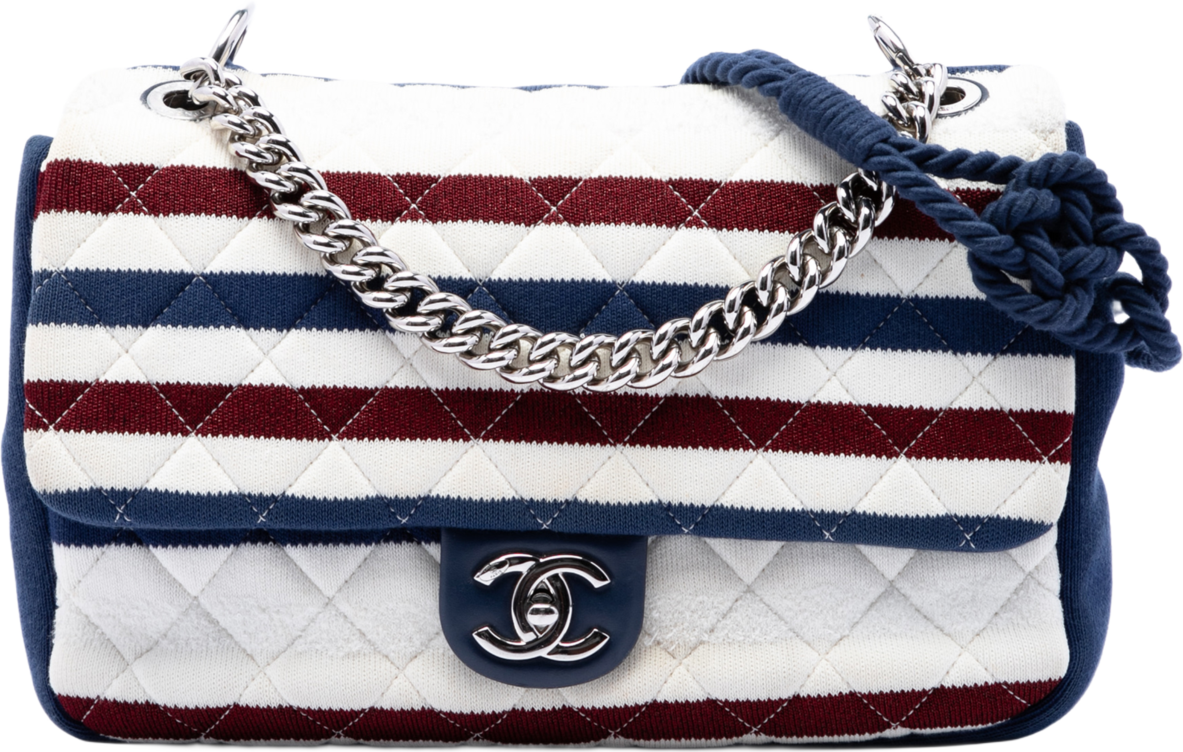 Chanel Jumbo Stripe Jersey Felt And Rope Flap, från Luxclusif, i färgen vit. Klicka för att öppna bilden i stort format