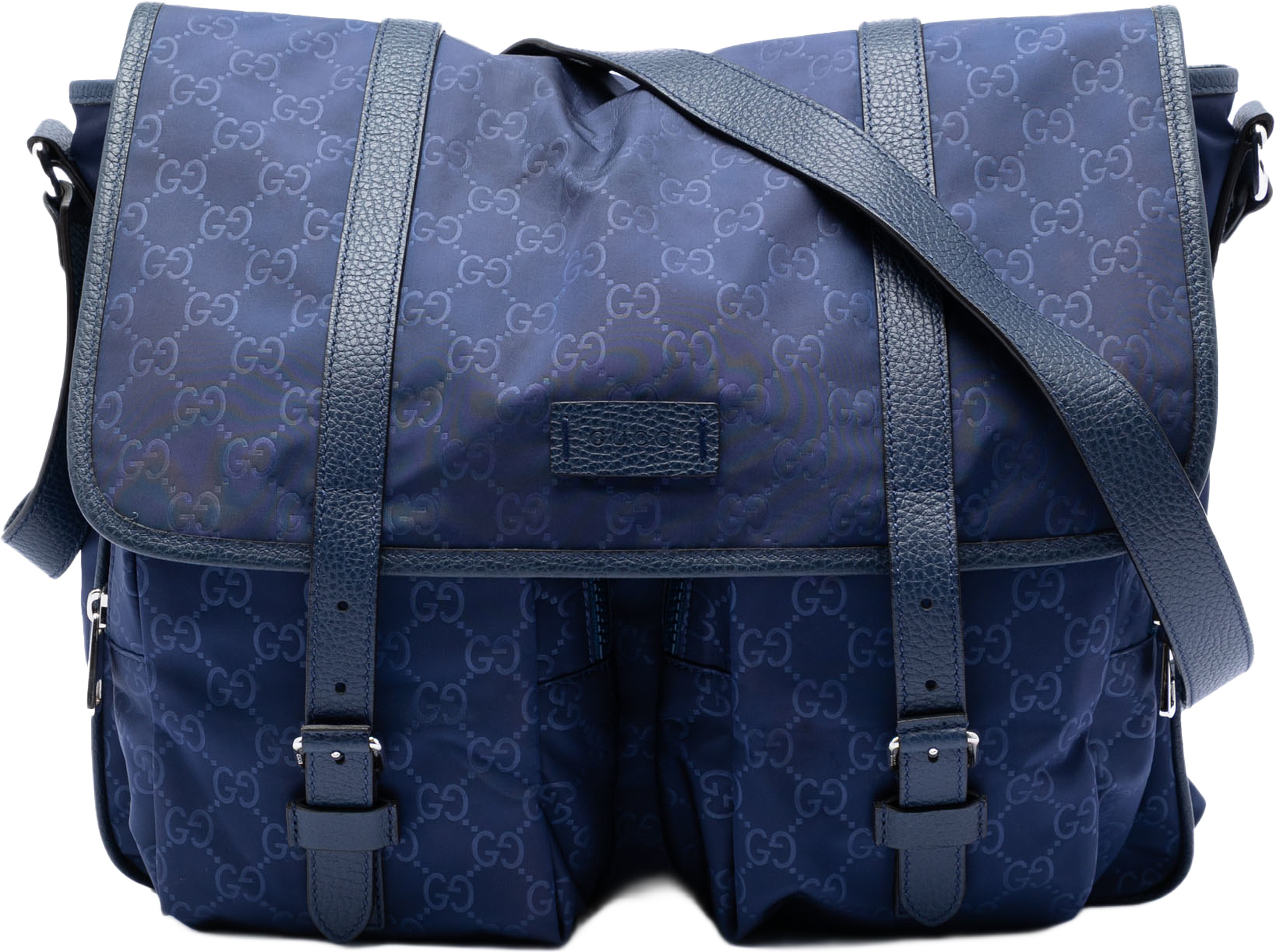 Gucci Gg Nylon Double Buckle Flap Messenger Bag, från Luxclusif, i färgen blue. Klicka för att öppna bilden i stort format