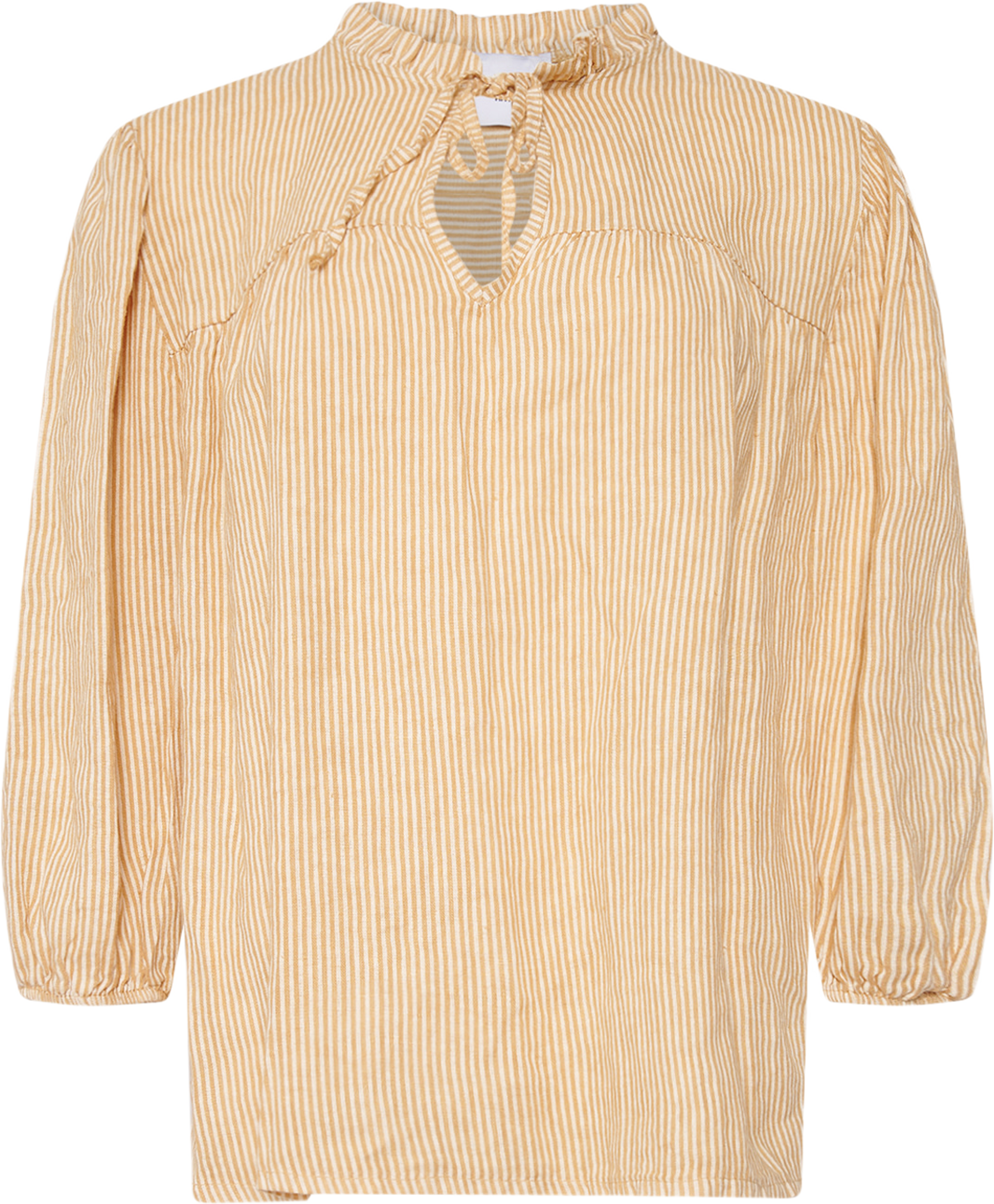 Ella, Frill Neck Blouse Stripe, Linen - New Camel Stripe