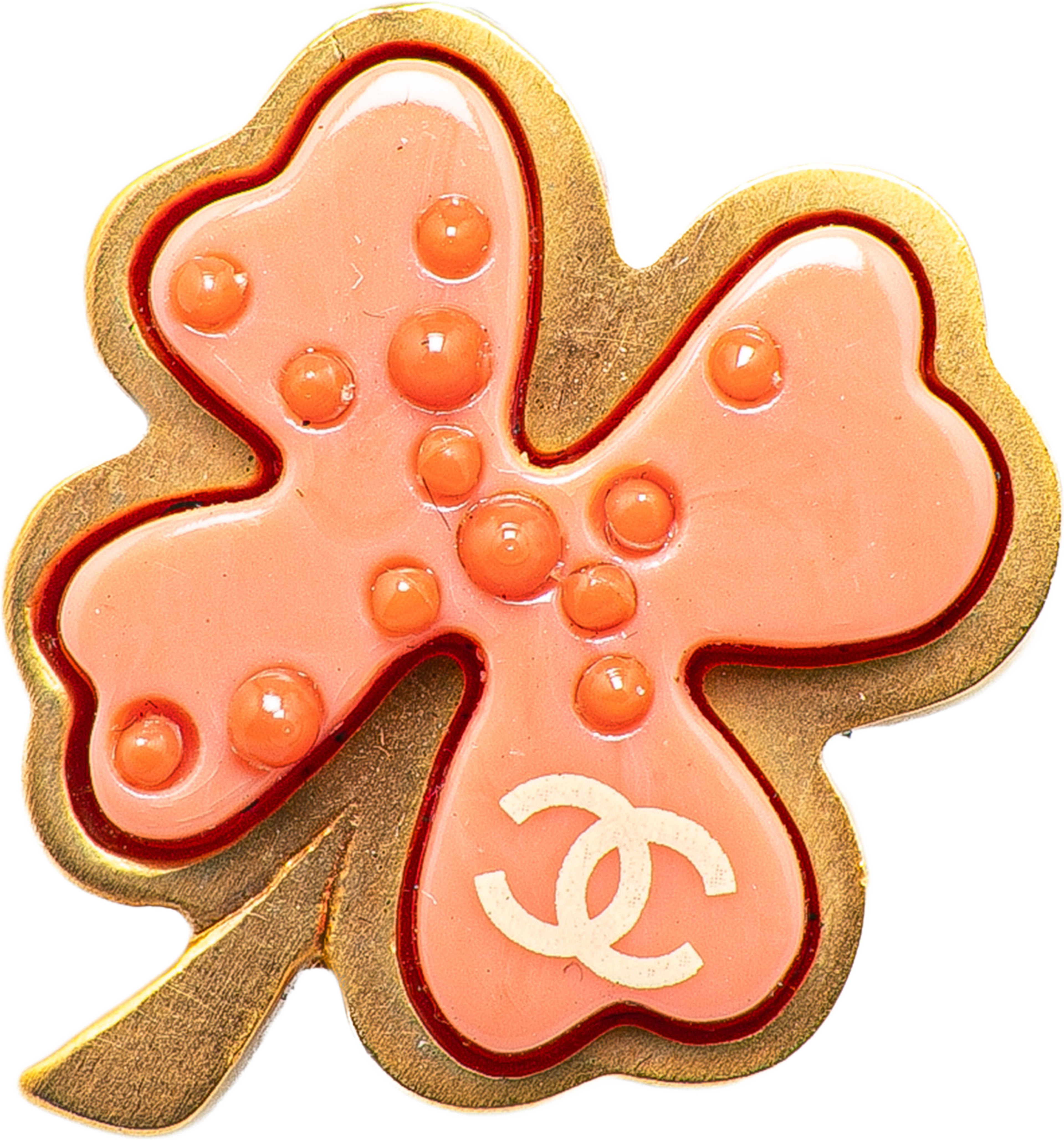 Chanel Gold Plated Resin Four Leaf Clover Brooch, från Luxclusif, i färgen gold. Klicka för att öppna bilden i stort format