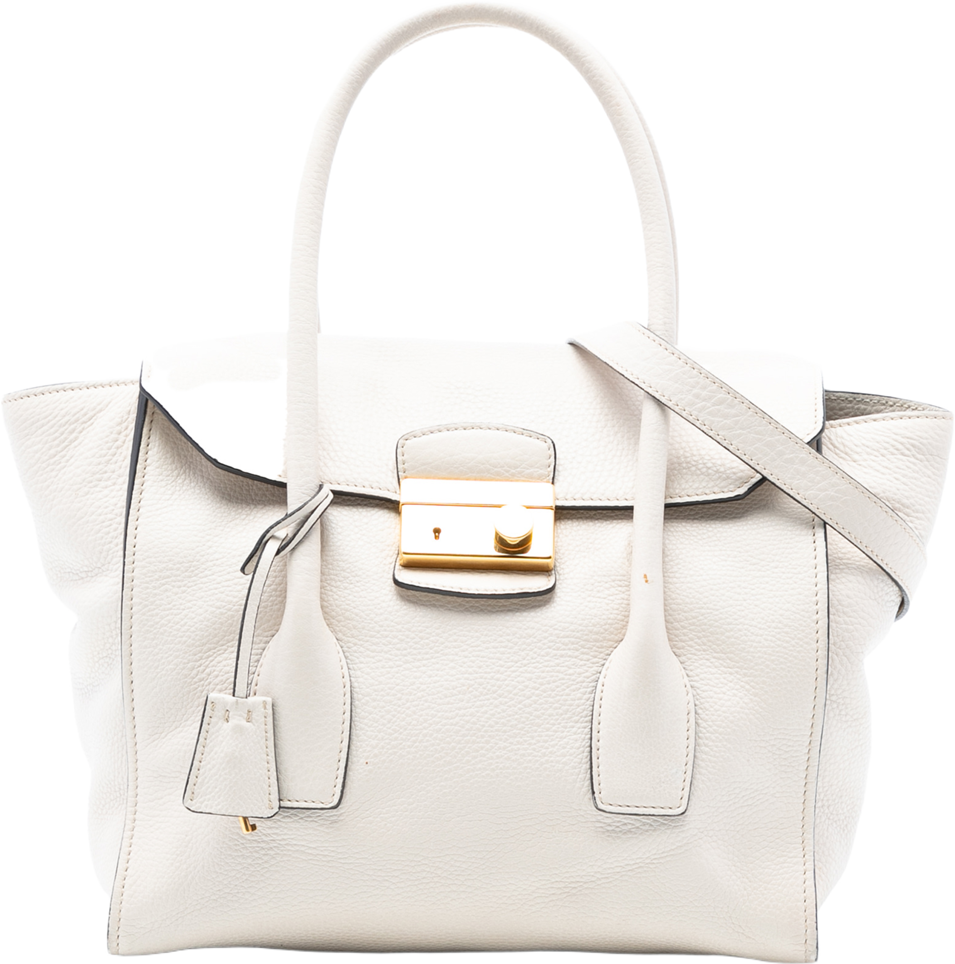 Prada Vitello Daino Sound Lock Satchel, från Luxclusif, i färgen white. Klicka för att öppna bilden i stort format