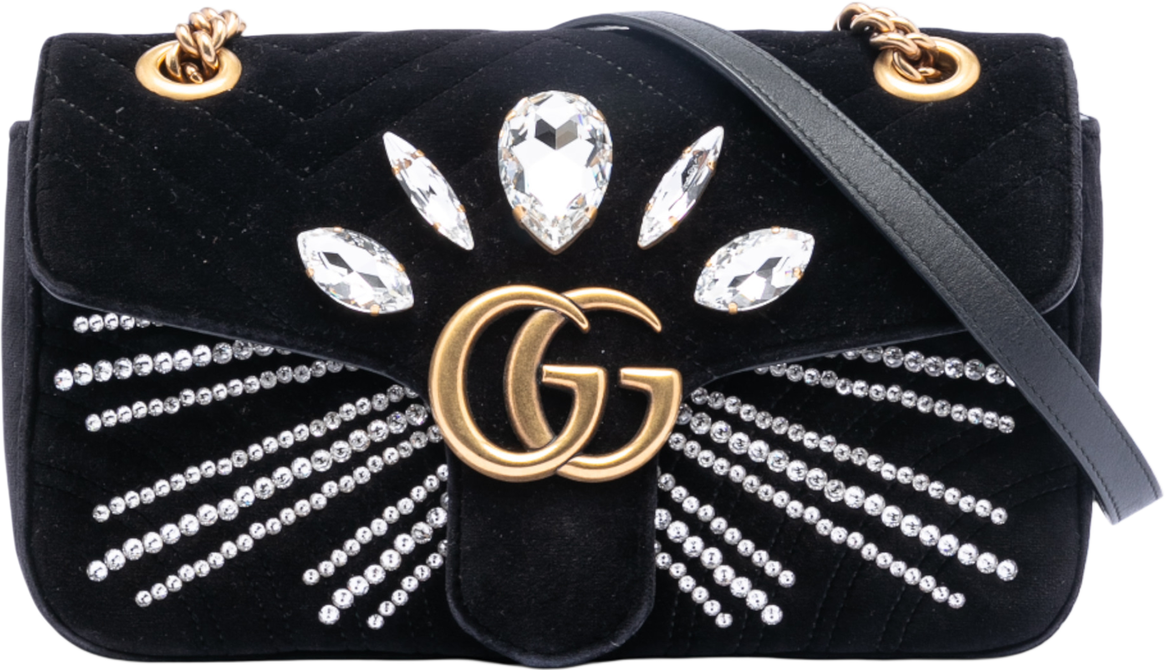 Gucci Medium Gg Marmont Matelasse Velvet Crystal Embellished Shoulder Bag, från Luxclusif, i färgen black. Klicka för att öppna bilden i stort format