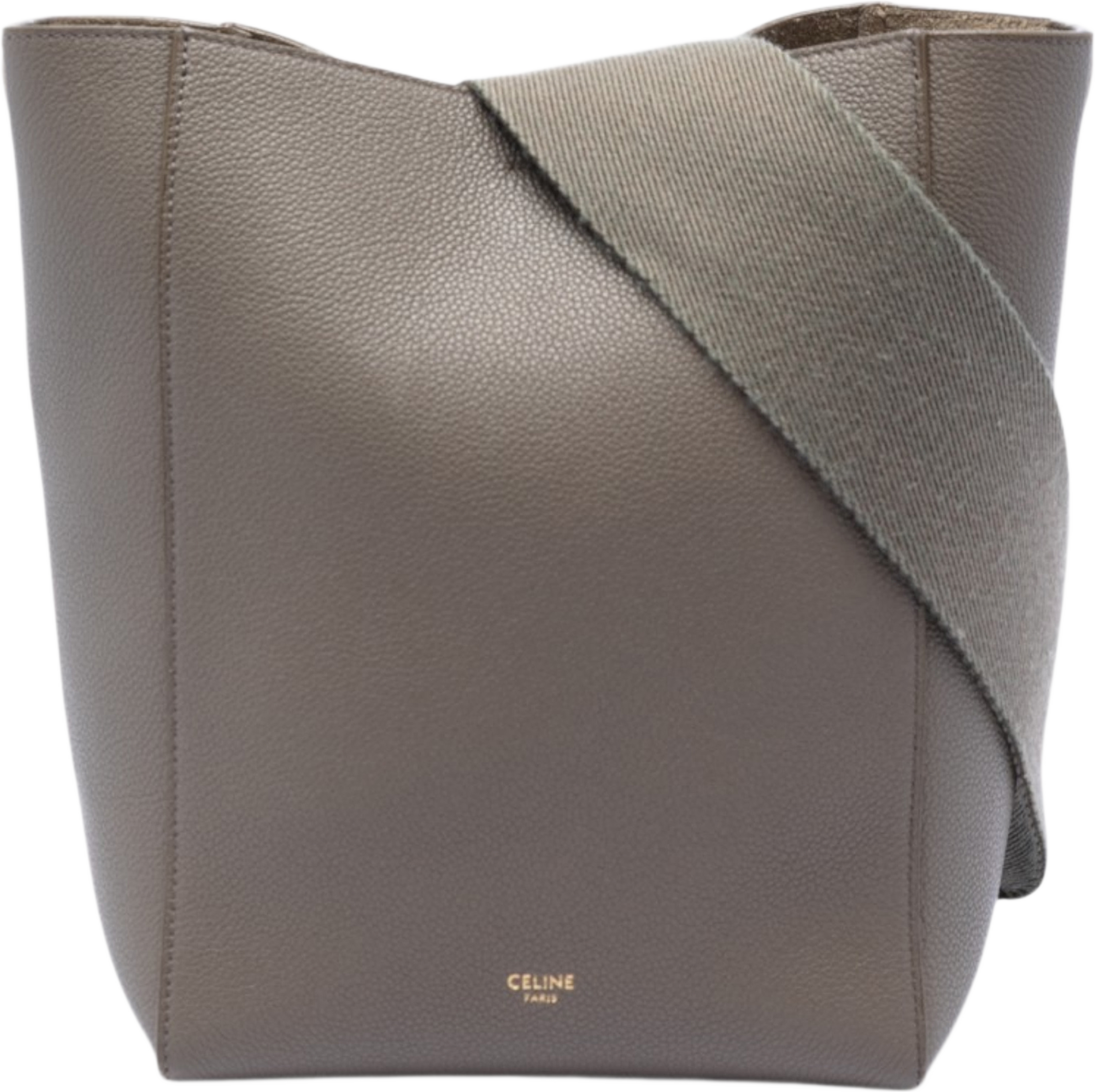 Celine Small Soft Grained Calfskin Seau Sangle Bucket Bag, från Luxclusif, i färgen taupe. Klicka för att öppna bilden i stort format