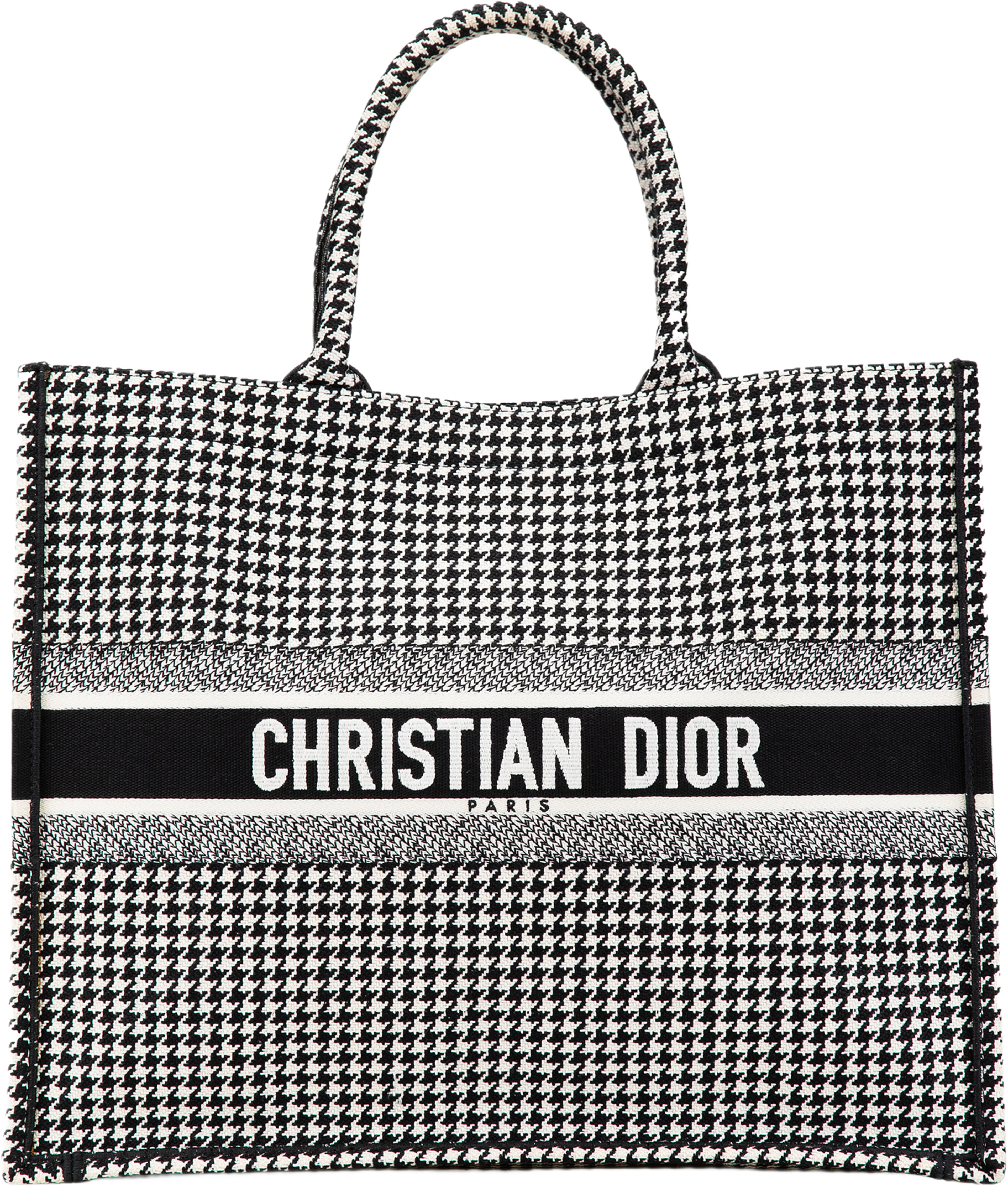 Dior Large Canvas Houndstooth Embroidered Book Tote, från Luxclusif, i färgen black. Klicka för att öppna bilden i stort format