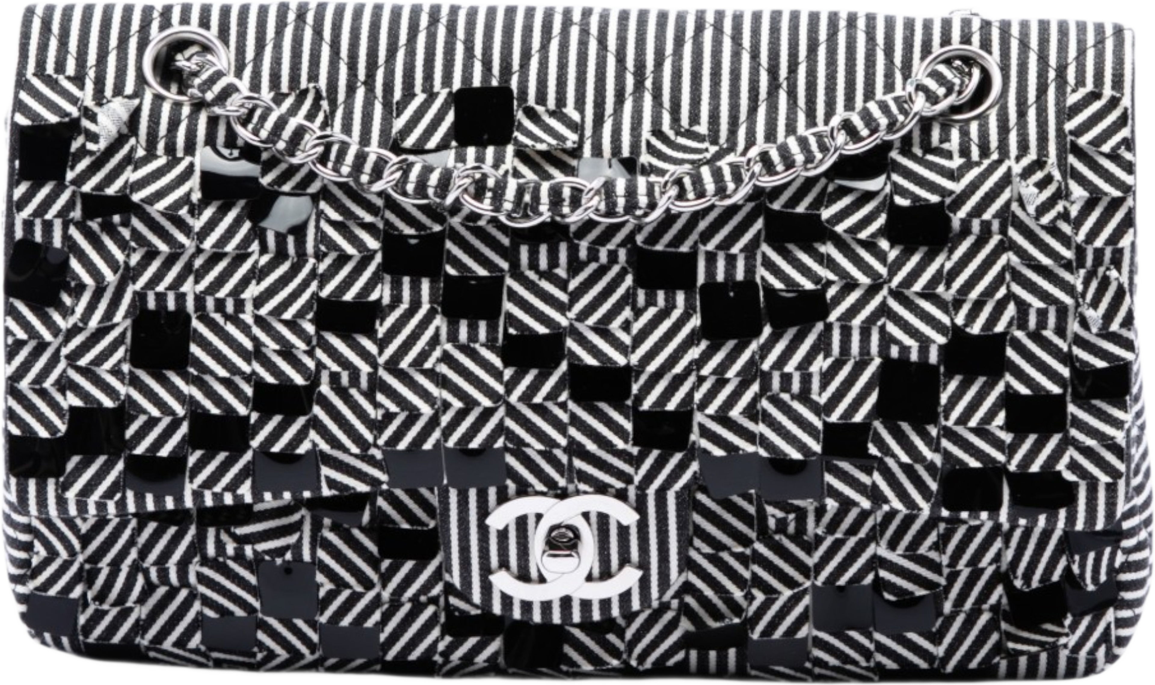 Chanel Medium Classic Canvas Sequin Stripes Double Flap, från Luxclusif, i färgen svart. Klicka för att öppna bilden i stort format