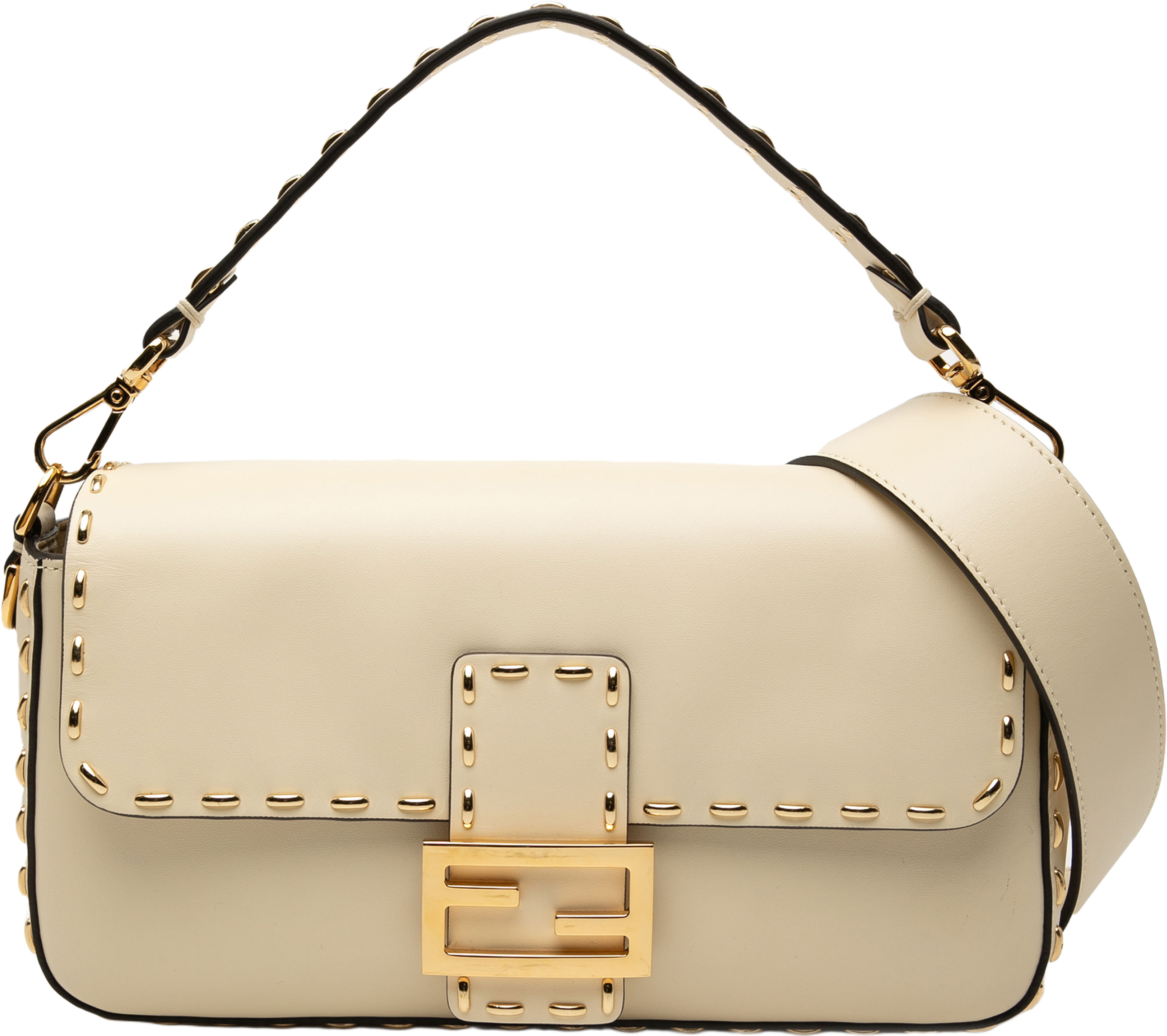 Fendi Leather Metal Stitch Baguette Satchel, från Luxclusif, i färgen light beige. Klicka för att öppna bilden i stort format