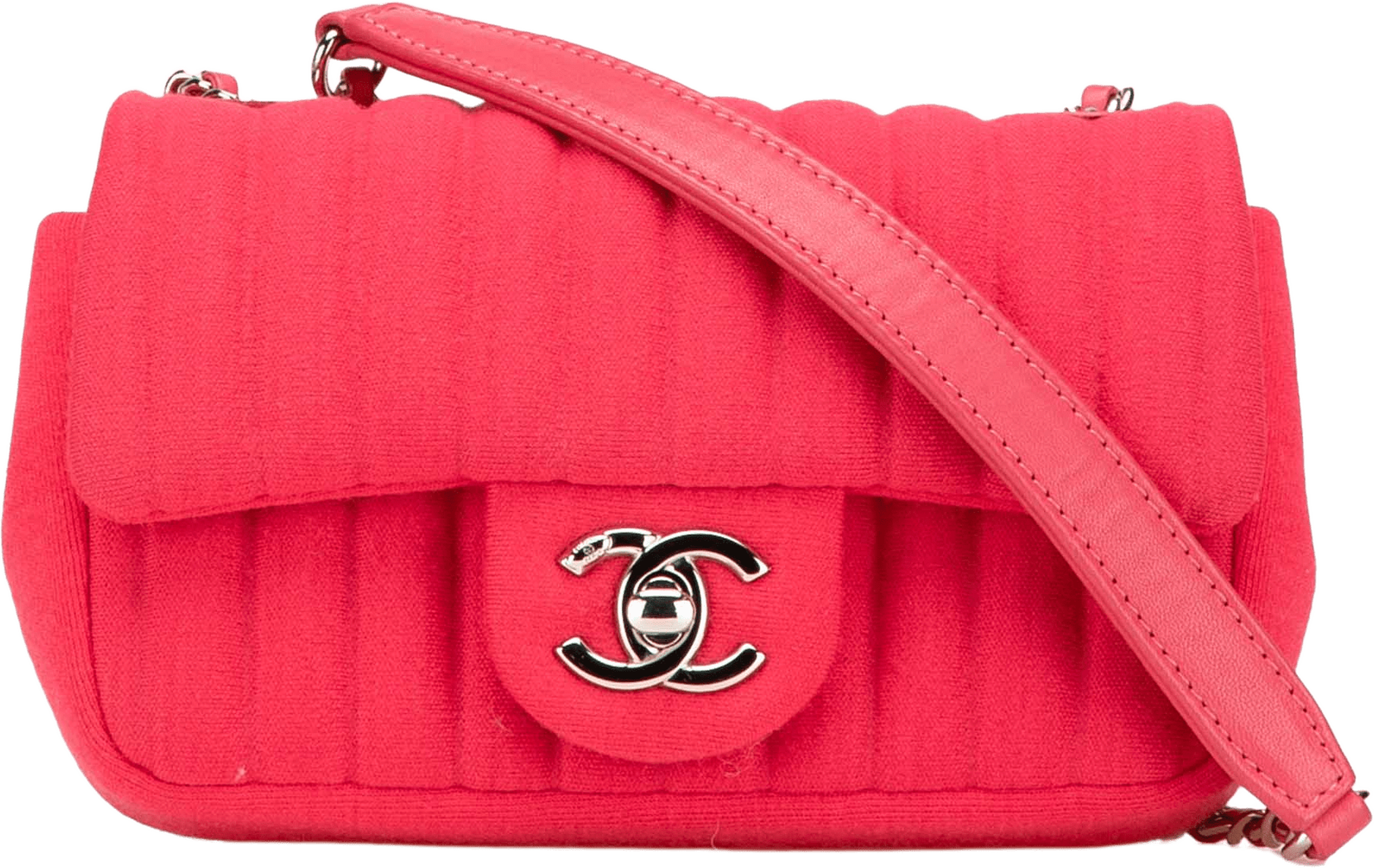 Chanel Mini Vertical Quilted Jersey Single Flap, från Luxclusif, i färgen dark pink. Klicka för att öppna bilden i stort format