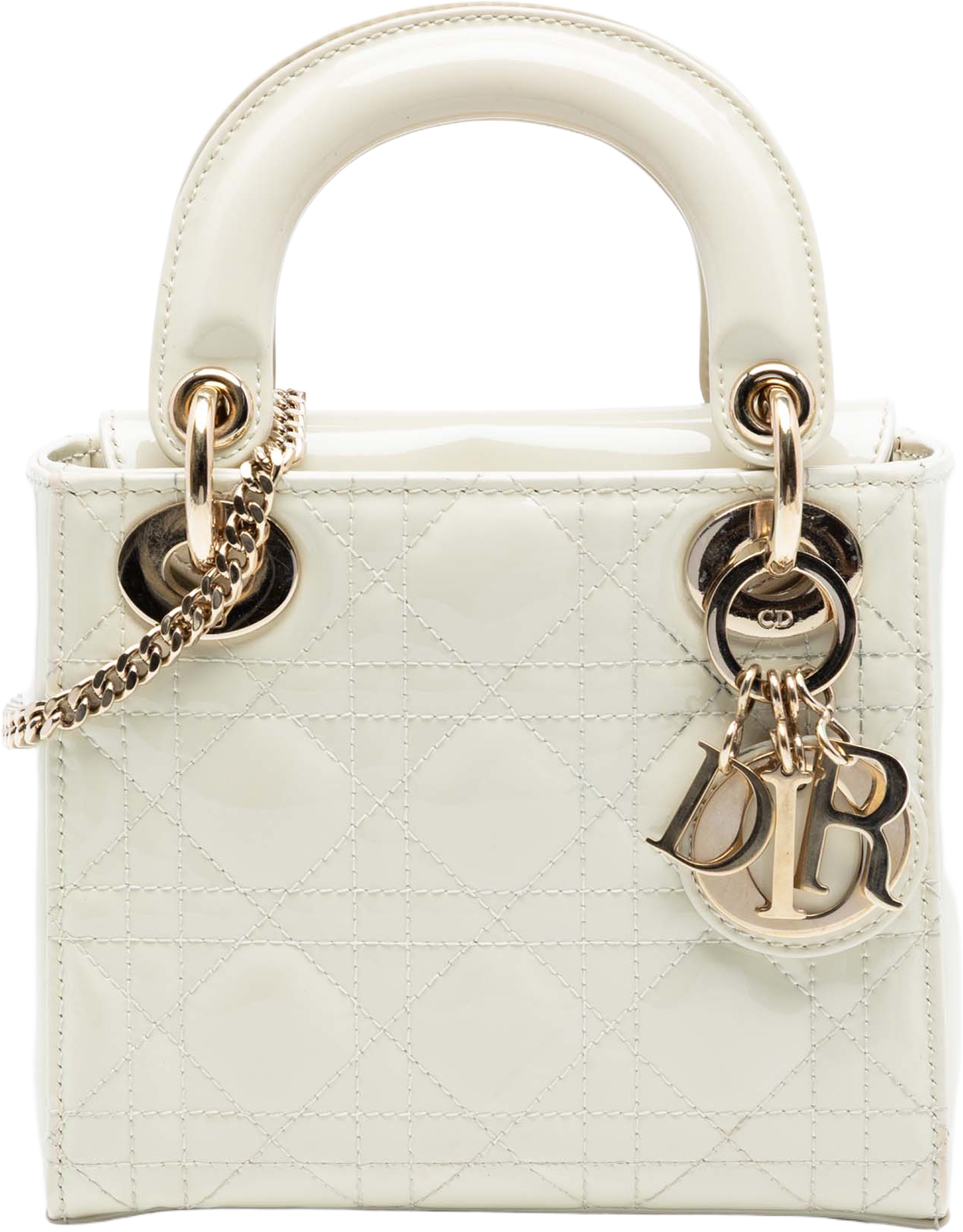 Dior Mini Patent Cannage Lady Dior, från Luxclusif, i färgen ivory. Klicka för att öppna bilden i stort format