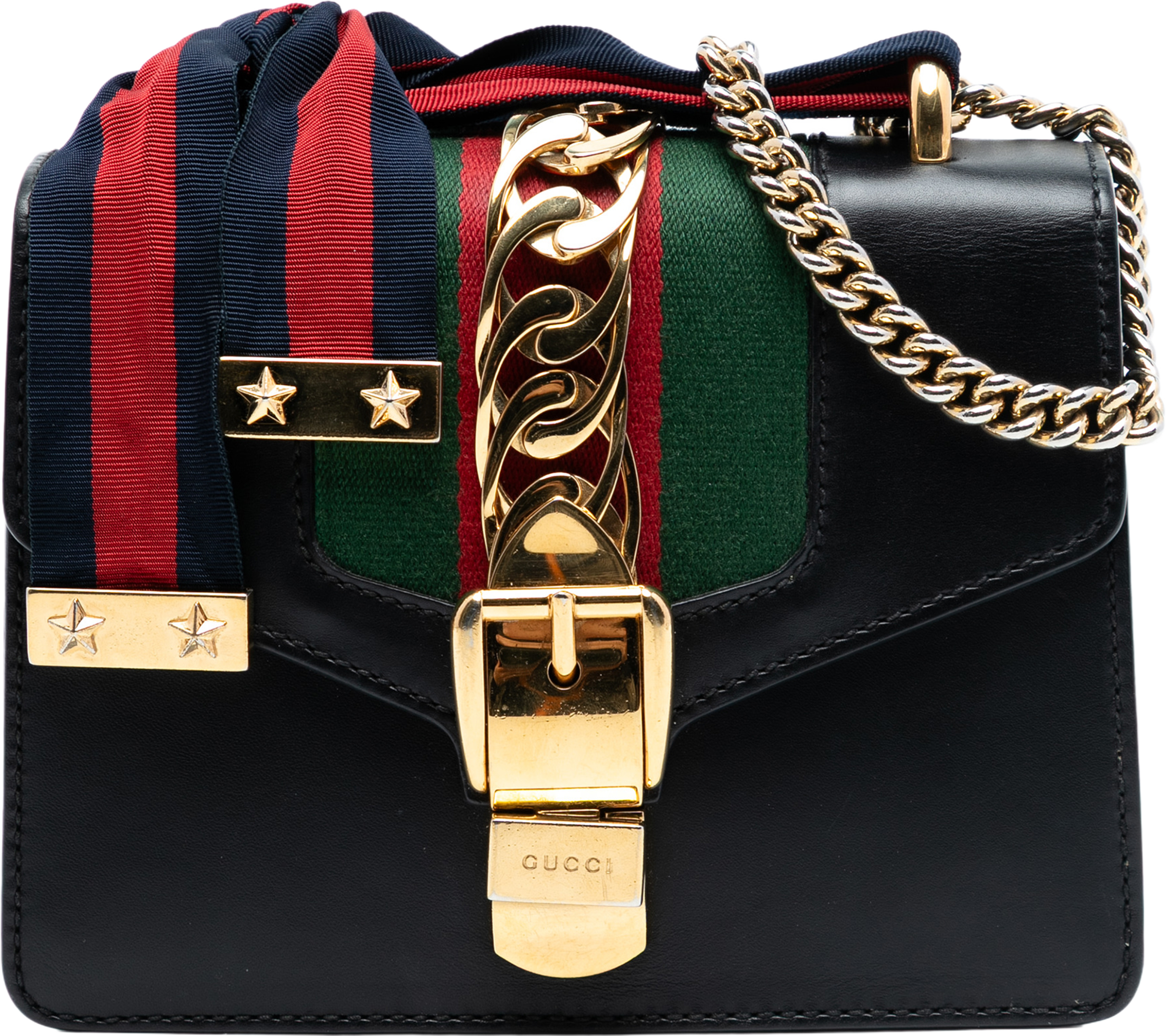 Gucci Mini Leather Web Sylvie Chain Crossbody, från Luxclusif, i färgen black. Klicka för att öppna bilden i stort format