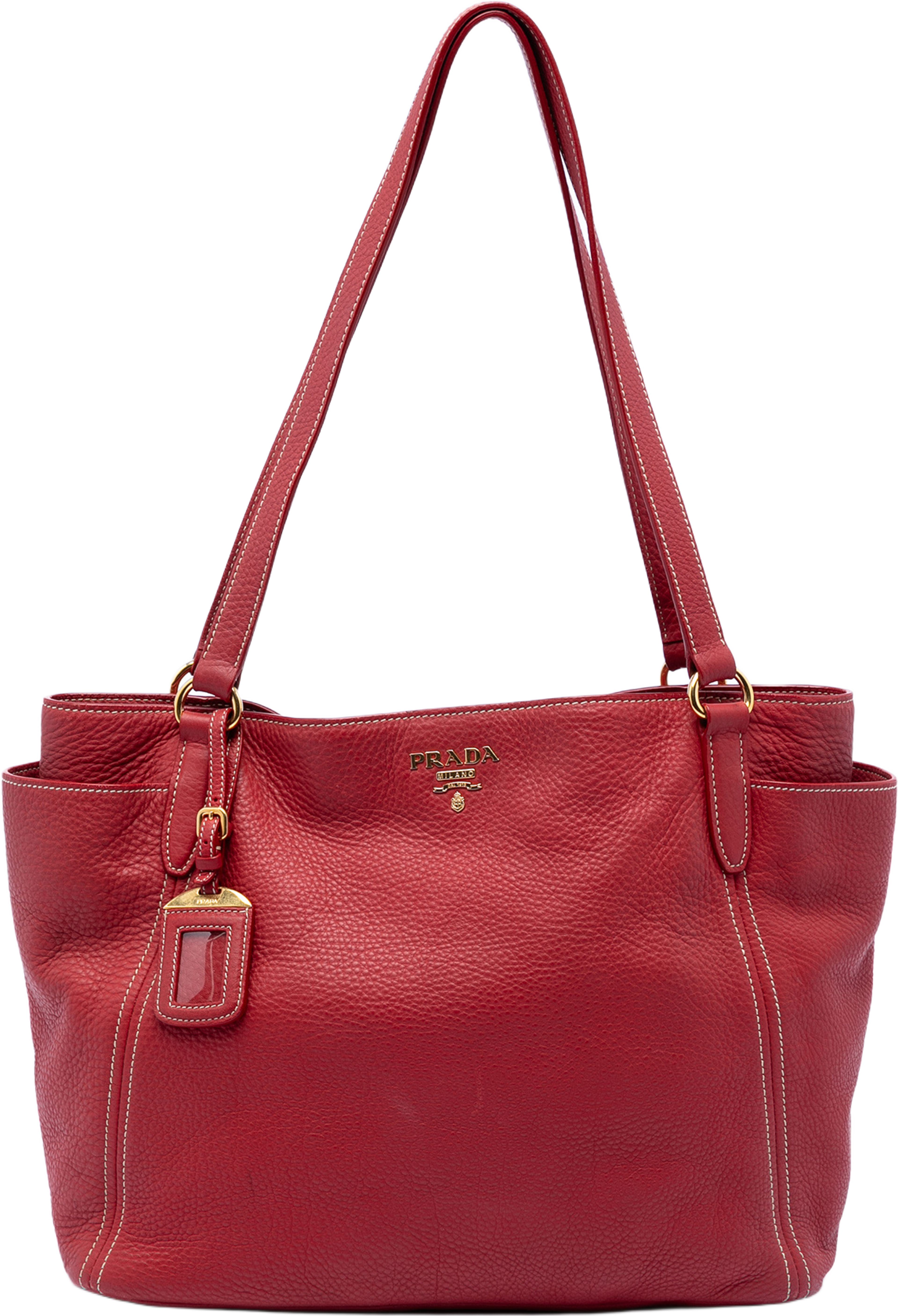 Prada Vitello Daino Double Pocket Tote, från Luxclusif, i färgen red. Klicka för att öppna bilden i stort format
