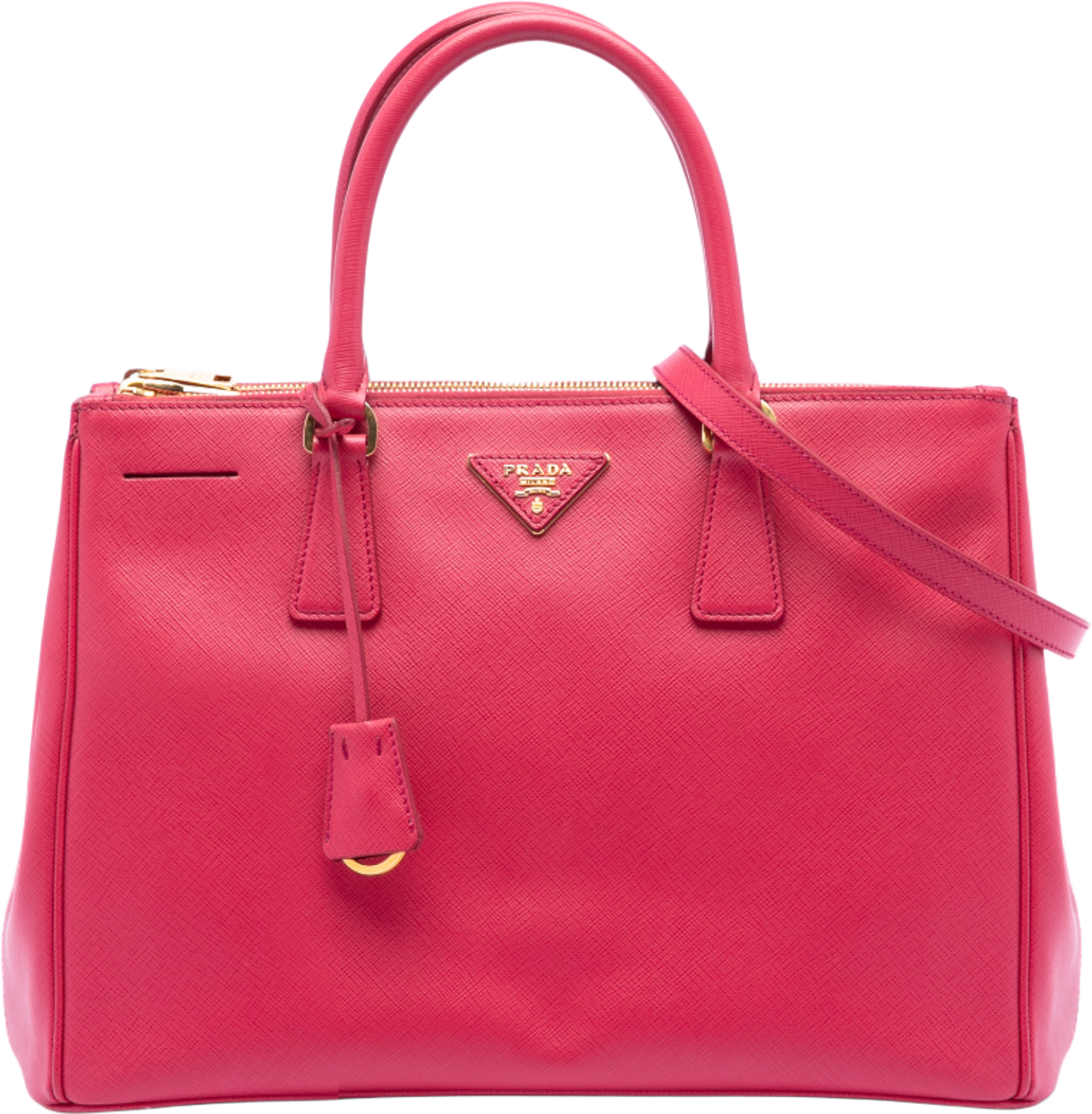 Prada Medium Saffiano Lux Galleria Double Zip Tote, från Luxclusif, i färgen hot pink. Klicka för att öppna bilden i stort format
