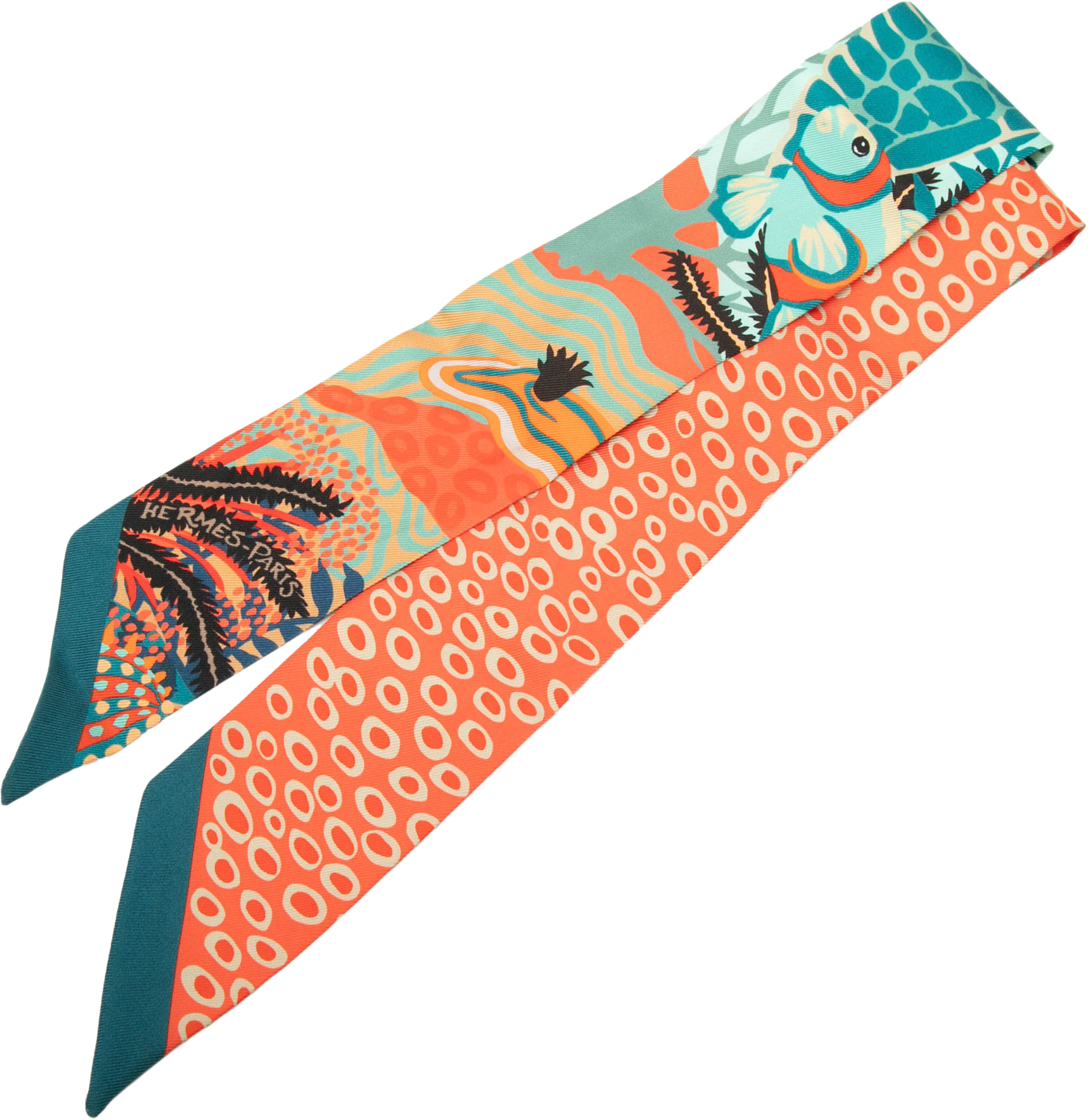 Hermès Under The Waves Silk Twilly Scarf, från Luxclusif, i färgen orange. Klicka för att öppna bilden i stort format
