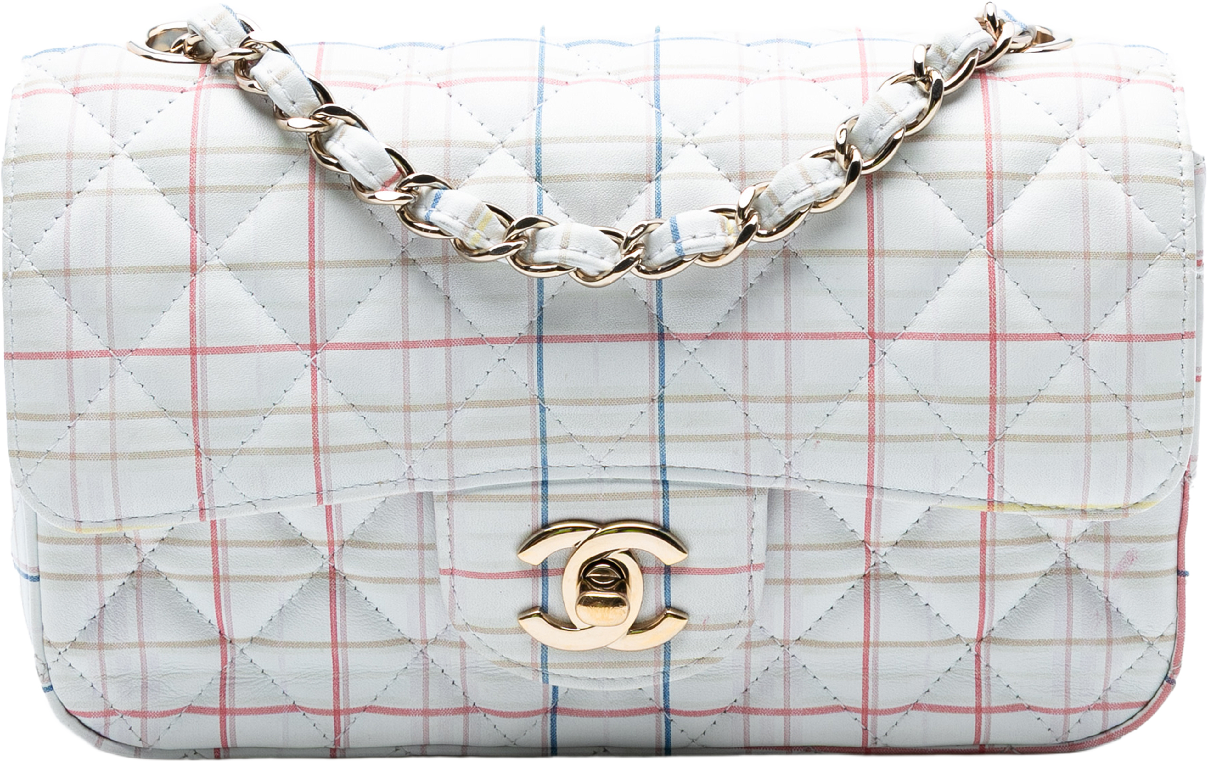 Chanel Mini Rectangular Classic Printed Calfskin Single Flap, från Luxclusif, i färgen white. Klicka för att öppna bilden i stort format