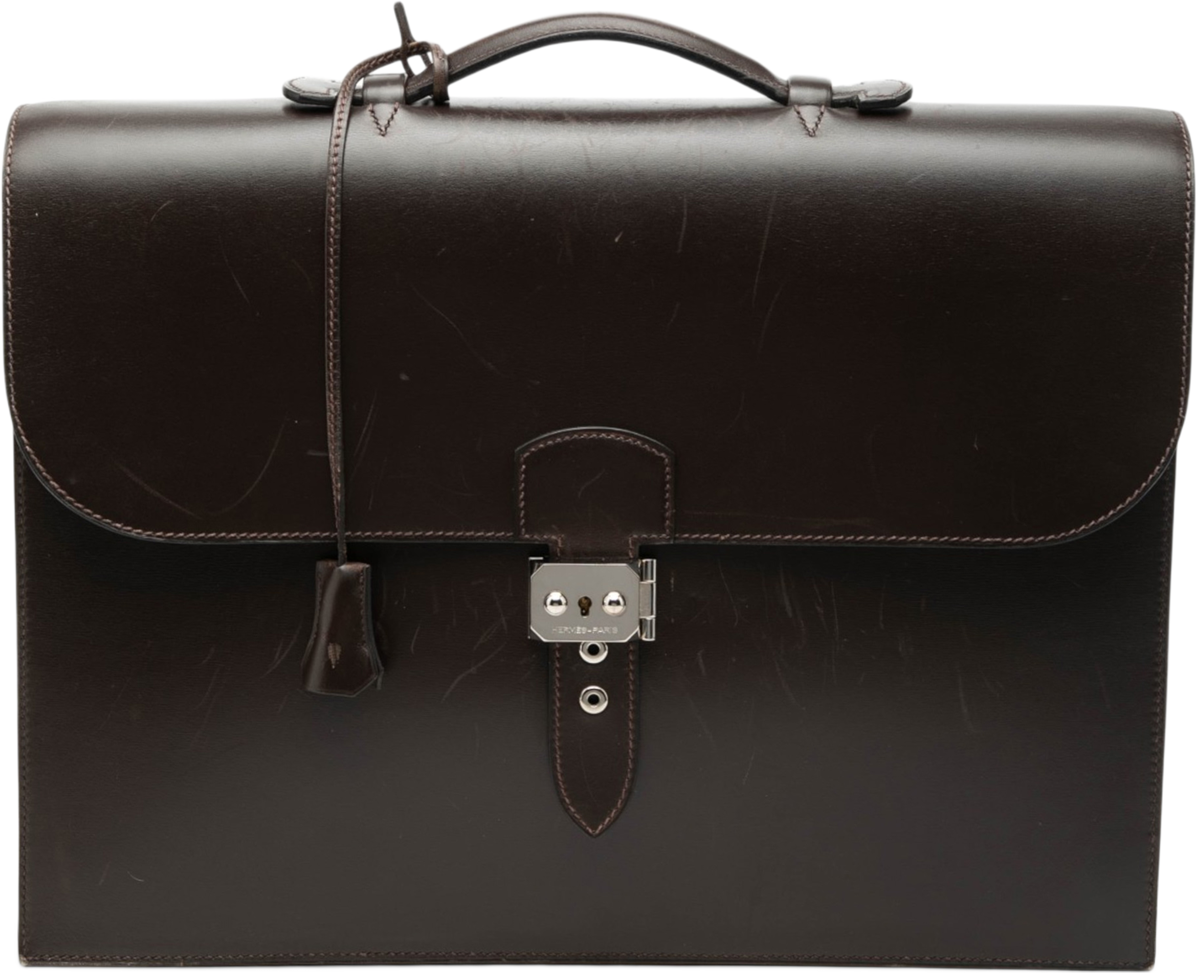 Hermès Box Calf Sac A Depeches 38, från Luxclusif, i färgen dark brown. Klicka för att öppna bilden i stort format