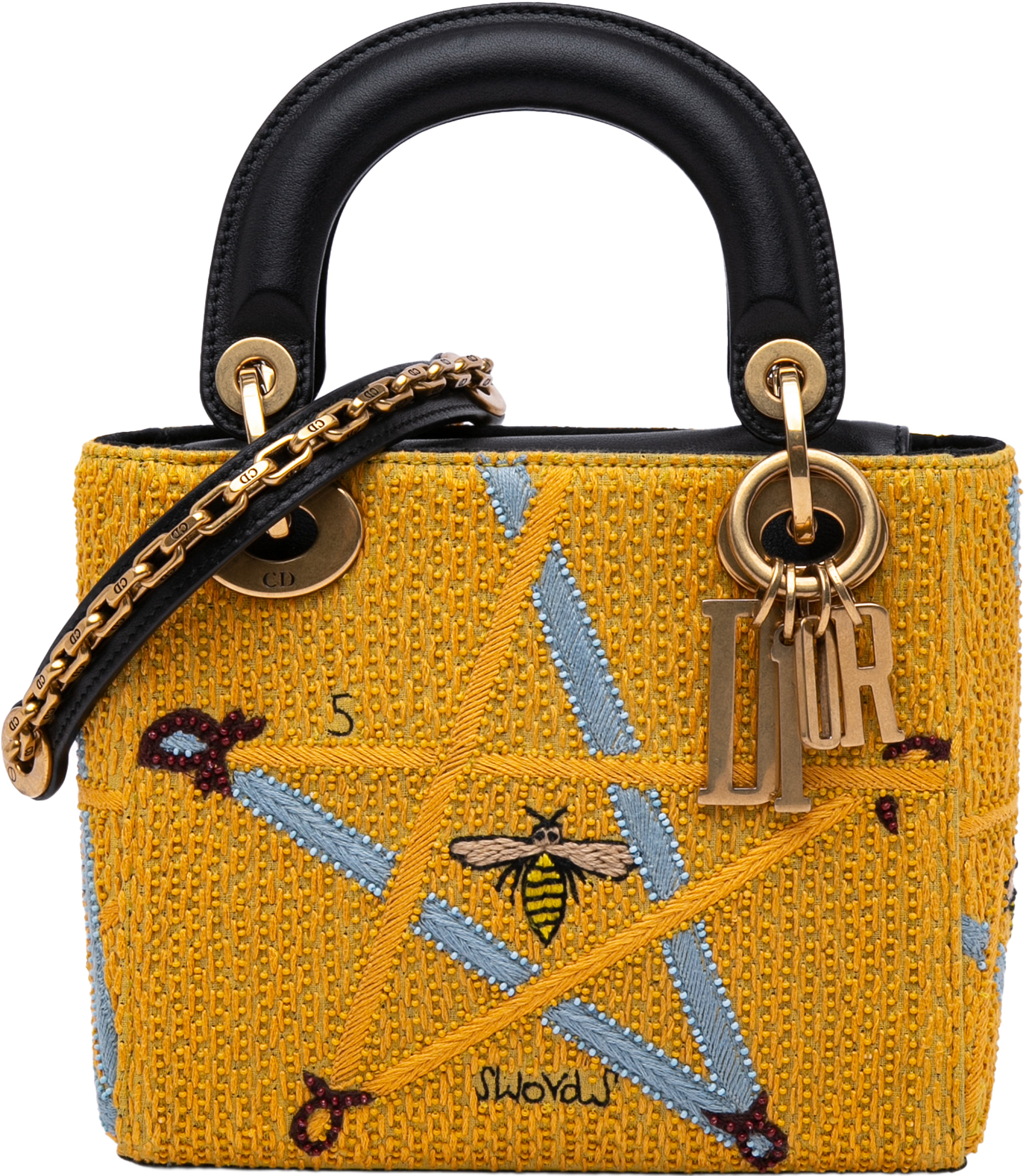 Dior Mini Embroidered Canvas Swords Lady Dior, från Luxclusif, i färgen yellow. Klicka för att öppna bilden i stort format