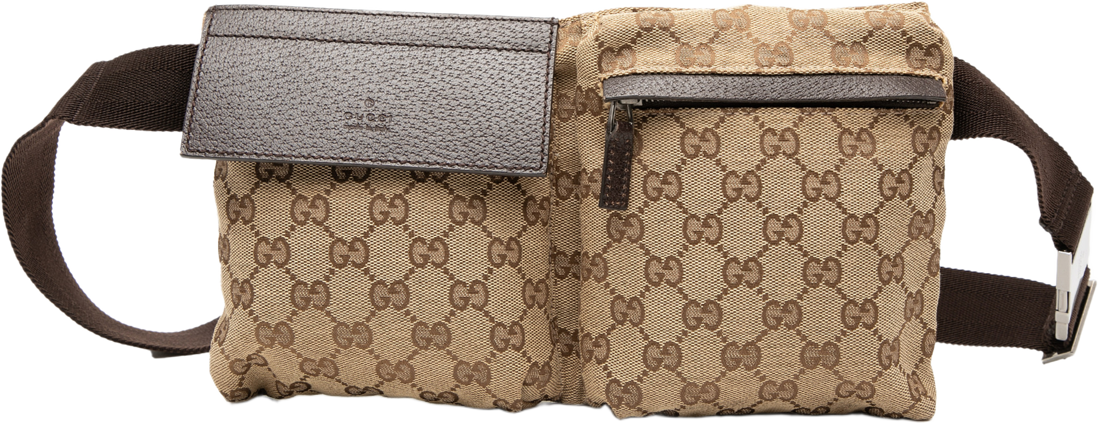 Gucci Gg Canvas Double Pocket Belt Bag, från Luxclusif, i färgen beige. Klicka för att öppna bilden i stort format