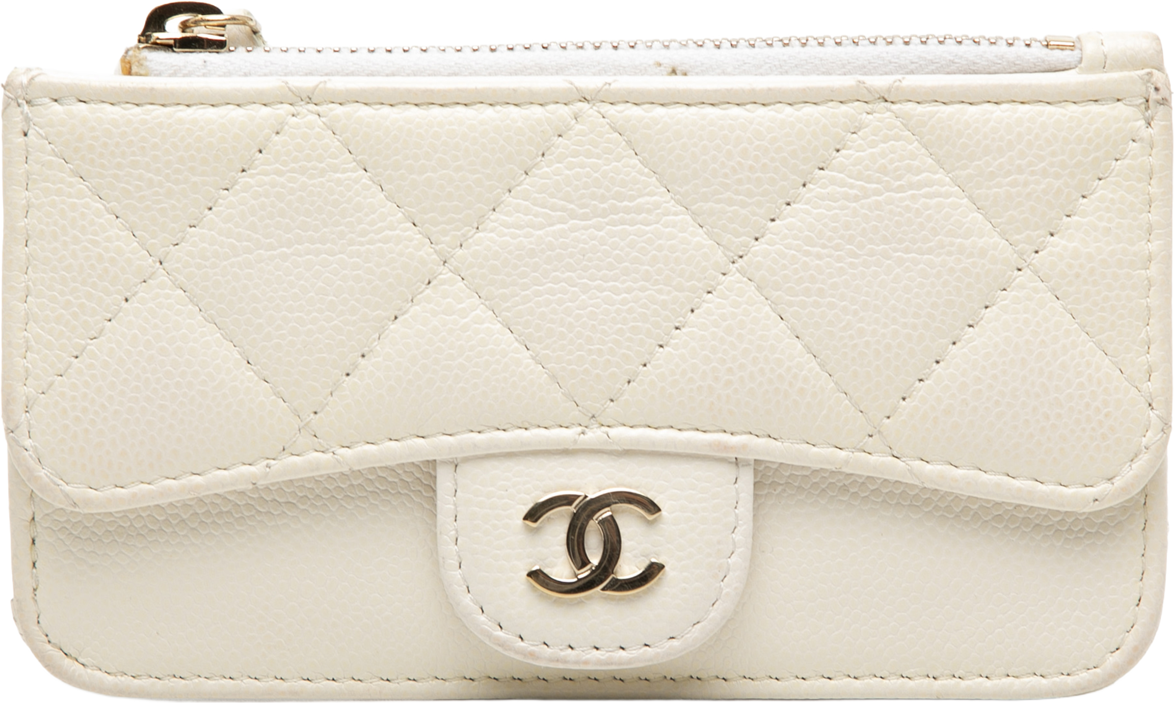 Chanel Cc Quilted Caviar Flap Zip Card Holder, från Luxclusif, i färgen ivory. Klicka för att öppna bilden i stort format
