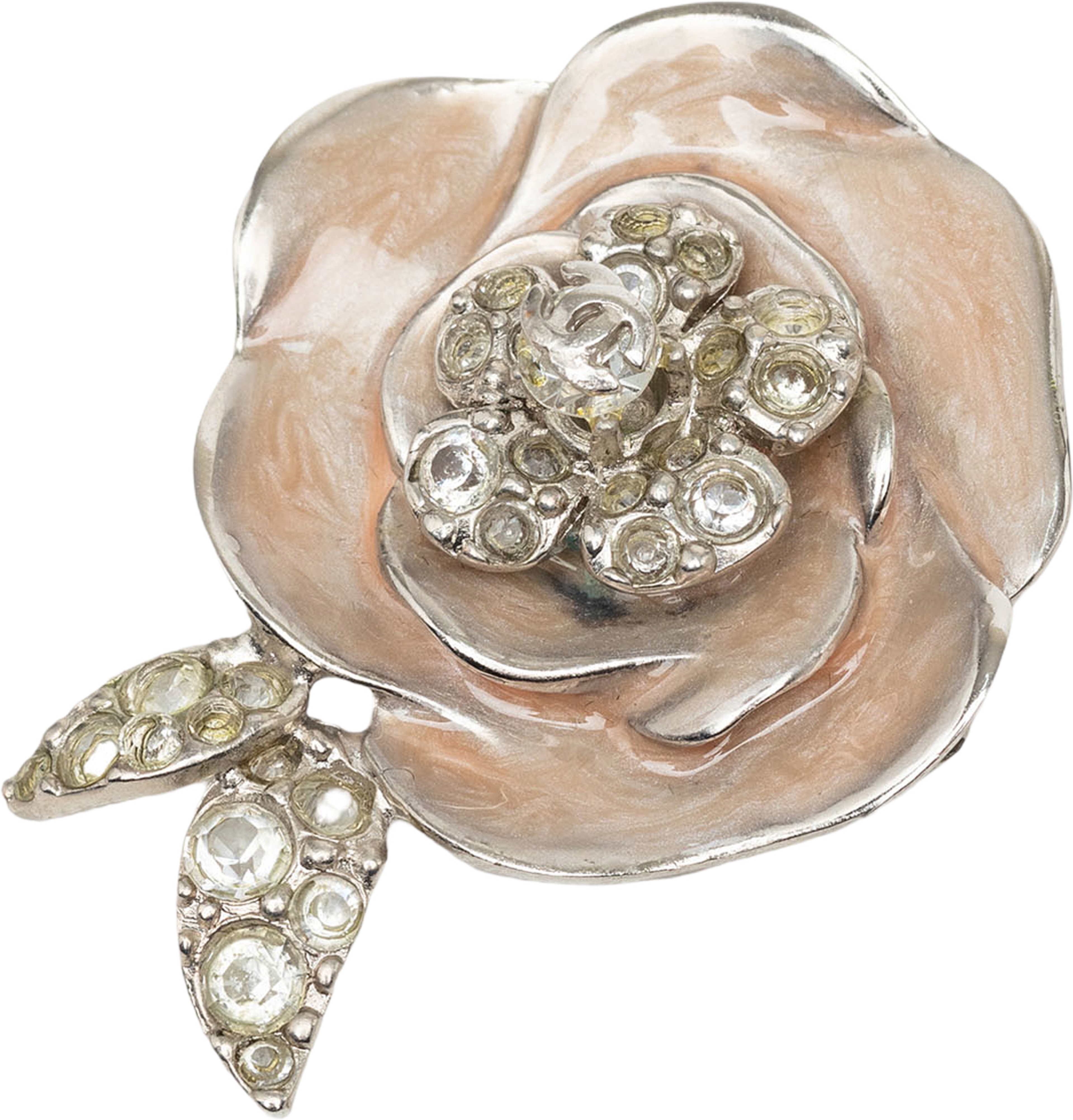 Chanel Cc Brass Enamel Strass Camellia Brooch, från Luxclusif, i färgen silver. Klicka för att öppna bilden i stort format