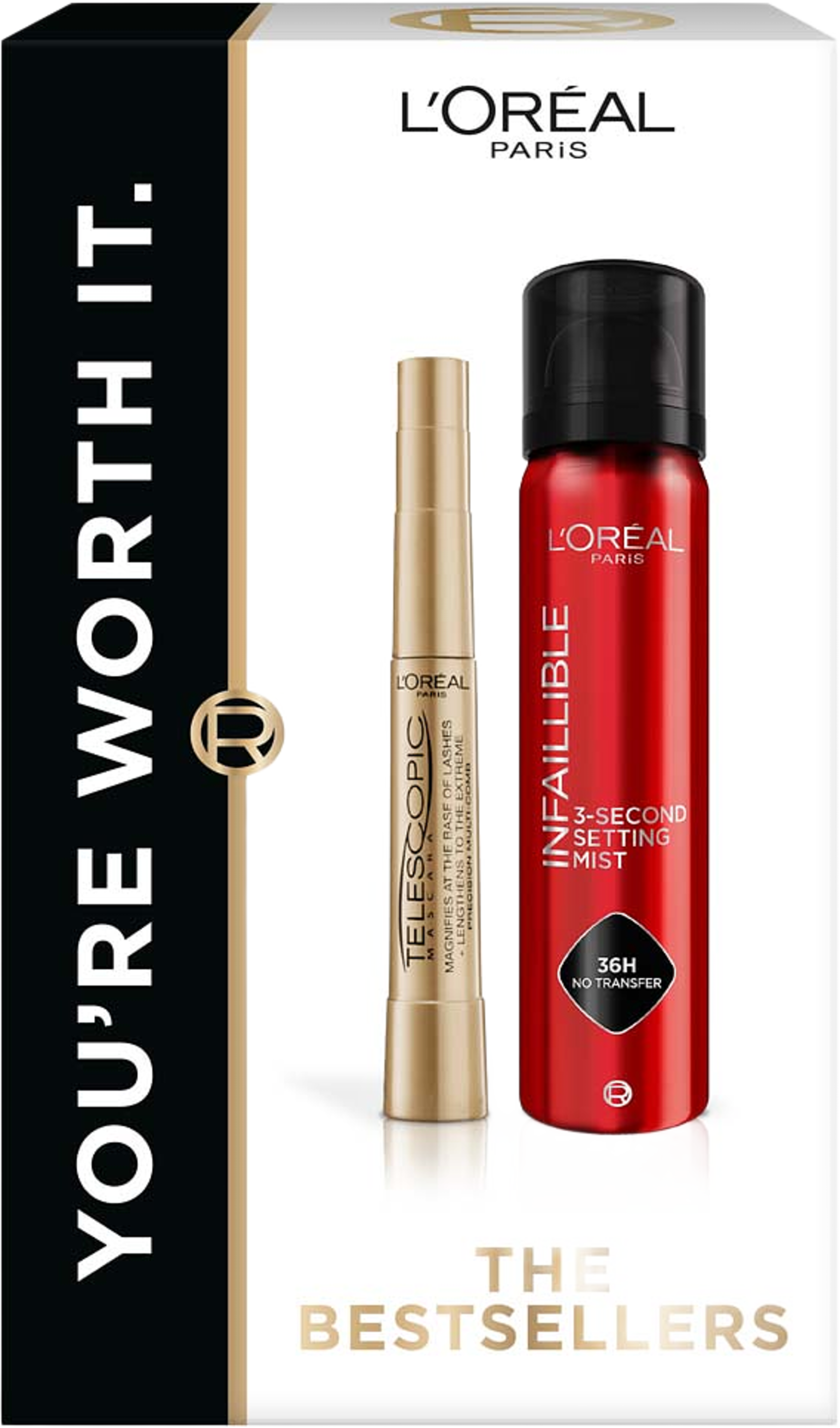 Telescopic Mascara and Infaillible Setting Mist presentbox, från L'Oréal Paris. Klicka för att öppna bilden i stort format