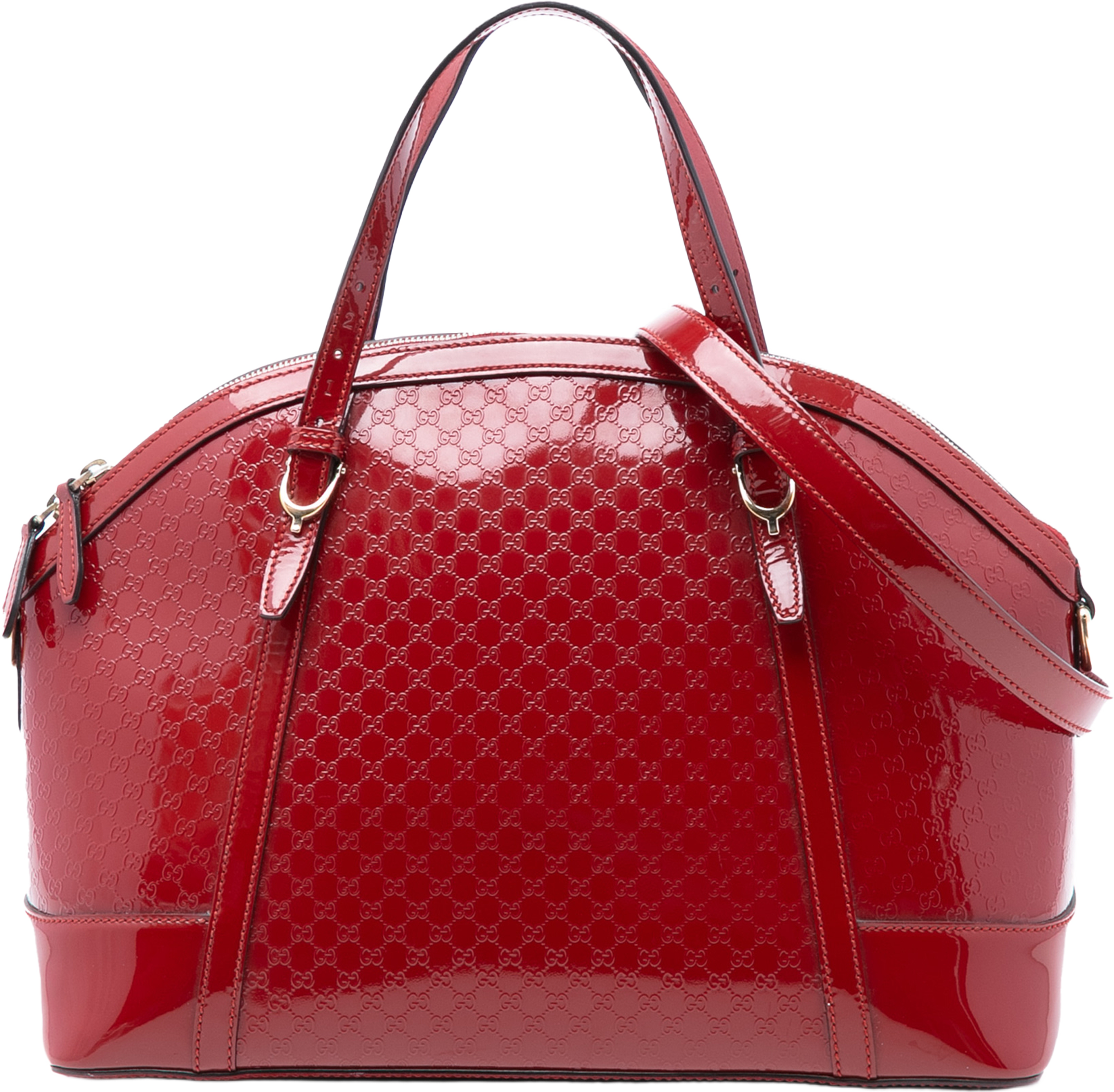 Gucci Large Microguccissima Patent Nice Dome Satchel, från Luxclusif, i färgen red. Klicka för att öppna bilden i stort format