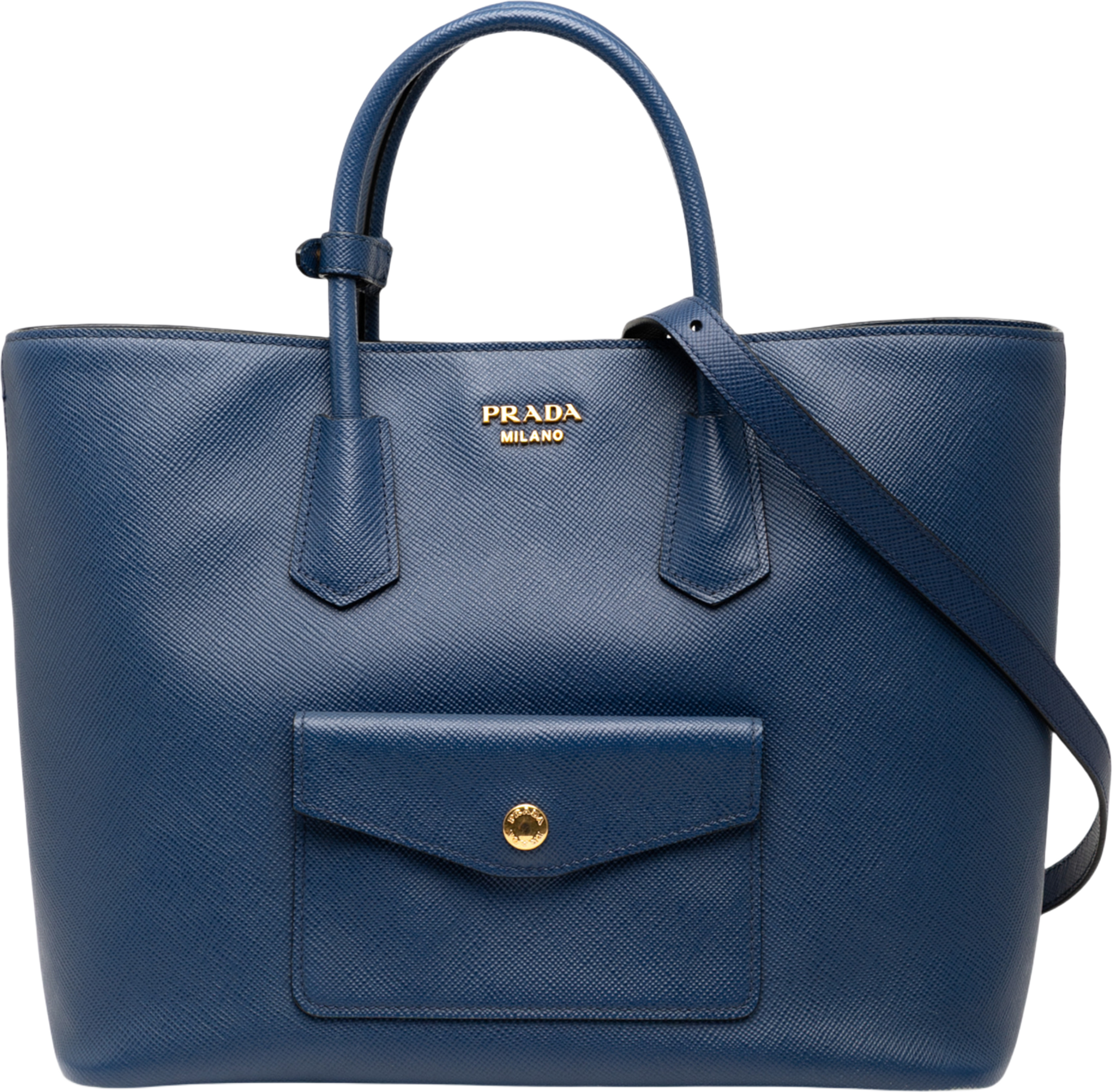 Prada Saffiano Cuir Front Pocket Convertible Tote, från Luxclusif, i färgen blue. Klicka för att öppna bilden i stort format