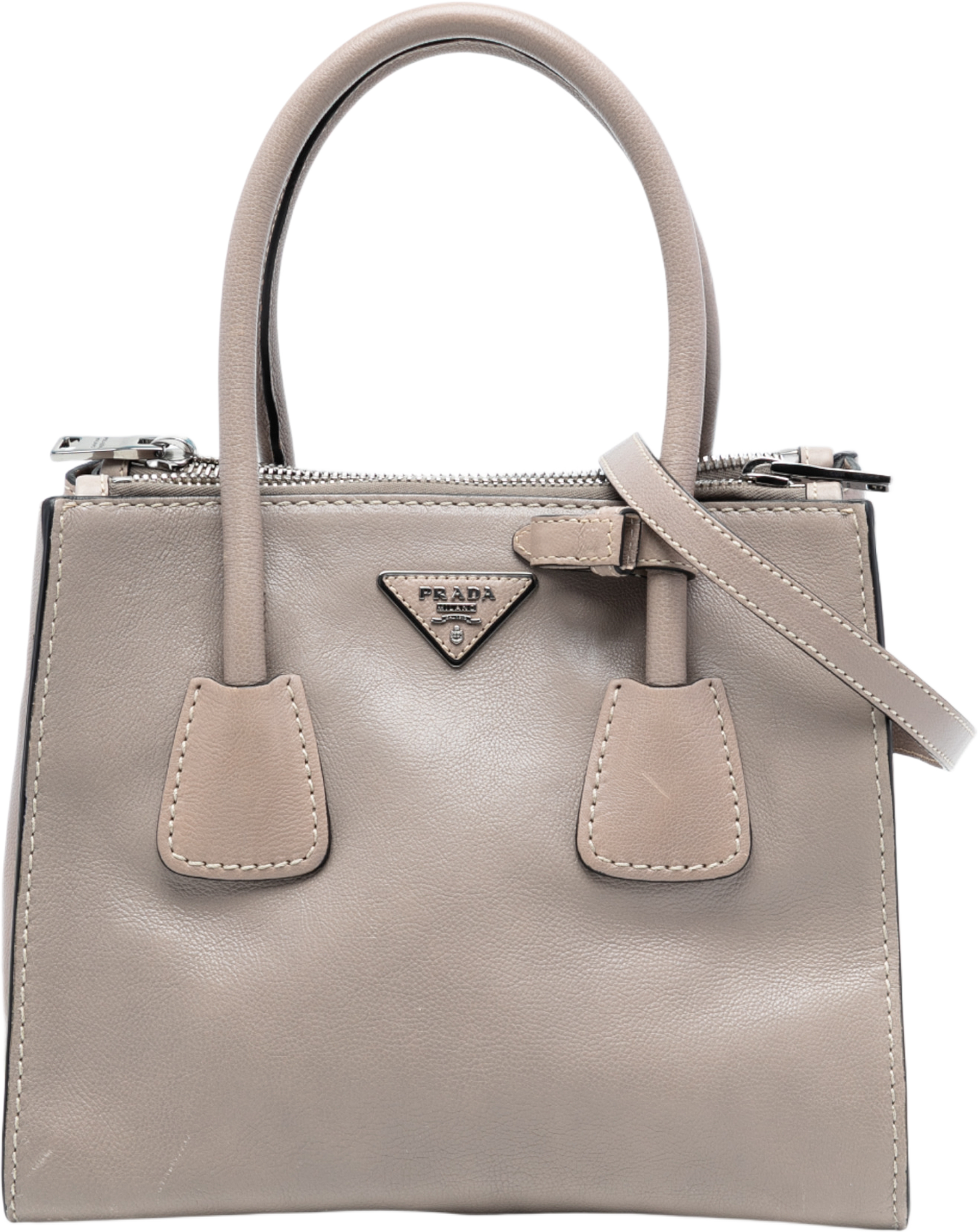 Prada Small City Calf Twin Pocket Satchel, från Luxclusif, i färgen taupe. Klicka för att öppna bilden i stort format