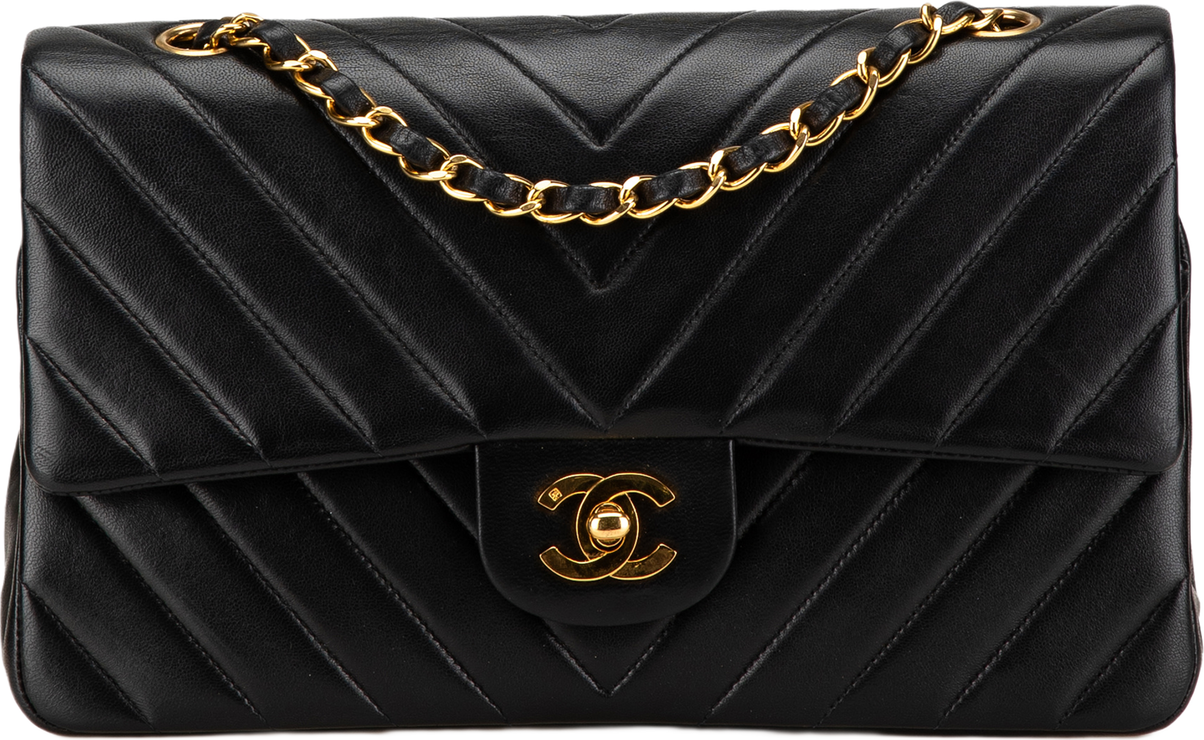 Chanel Small Classic Chevron Lambskin Double Flap, från Luxclusif, i färgen black. Klicka för att öppna bilden i stort format