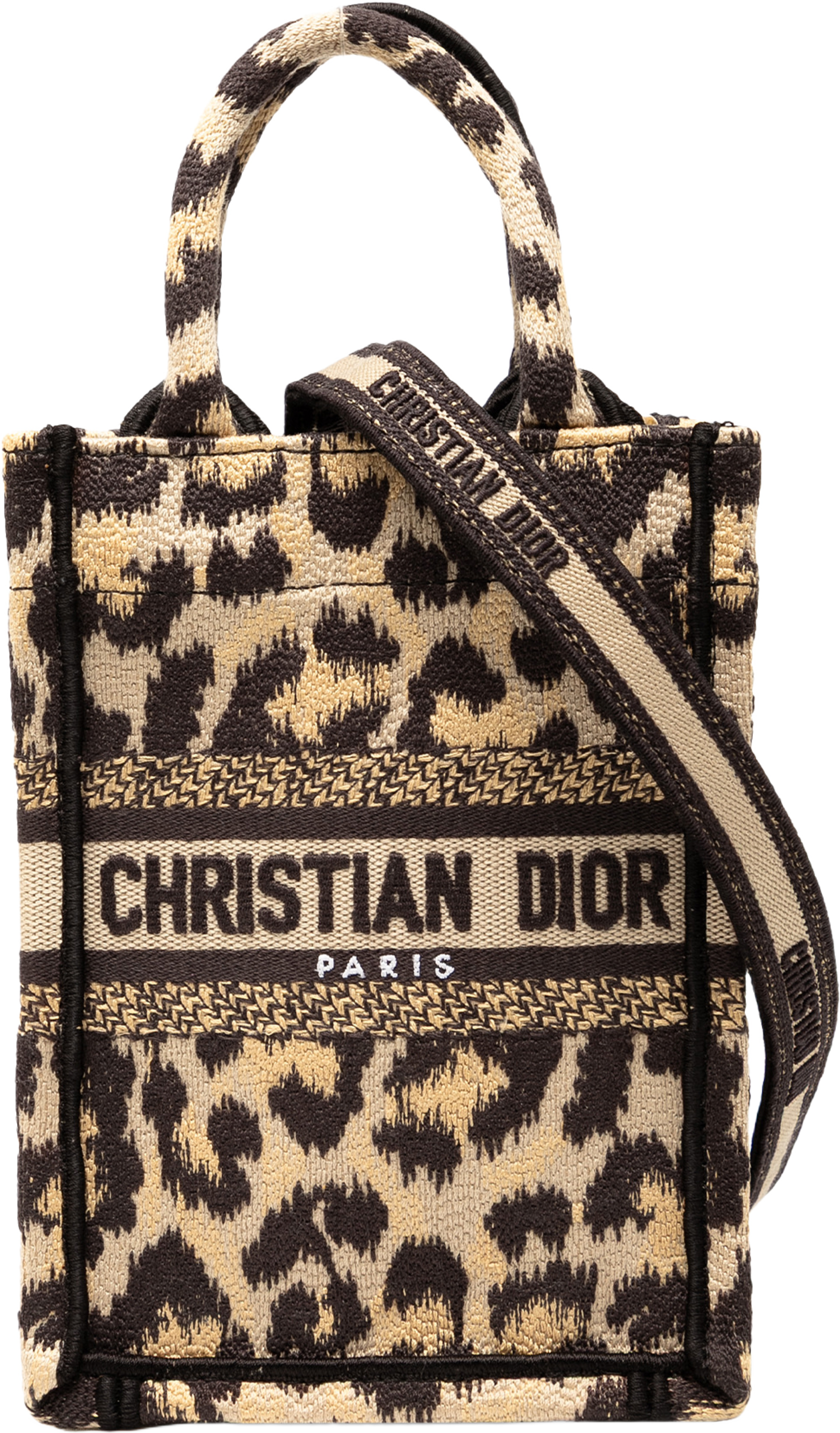 Dior Mizza Mini Embroidered Canvas Leopard Vertical Book Tote, från Luxclusif, i färgen beige. Klicka för att öppna bilden i stort format