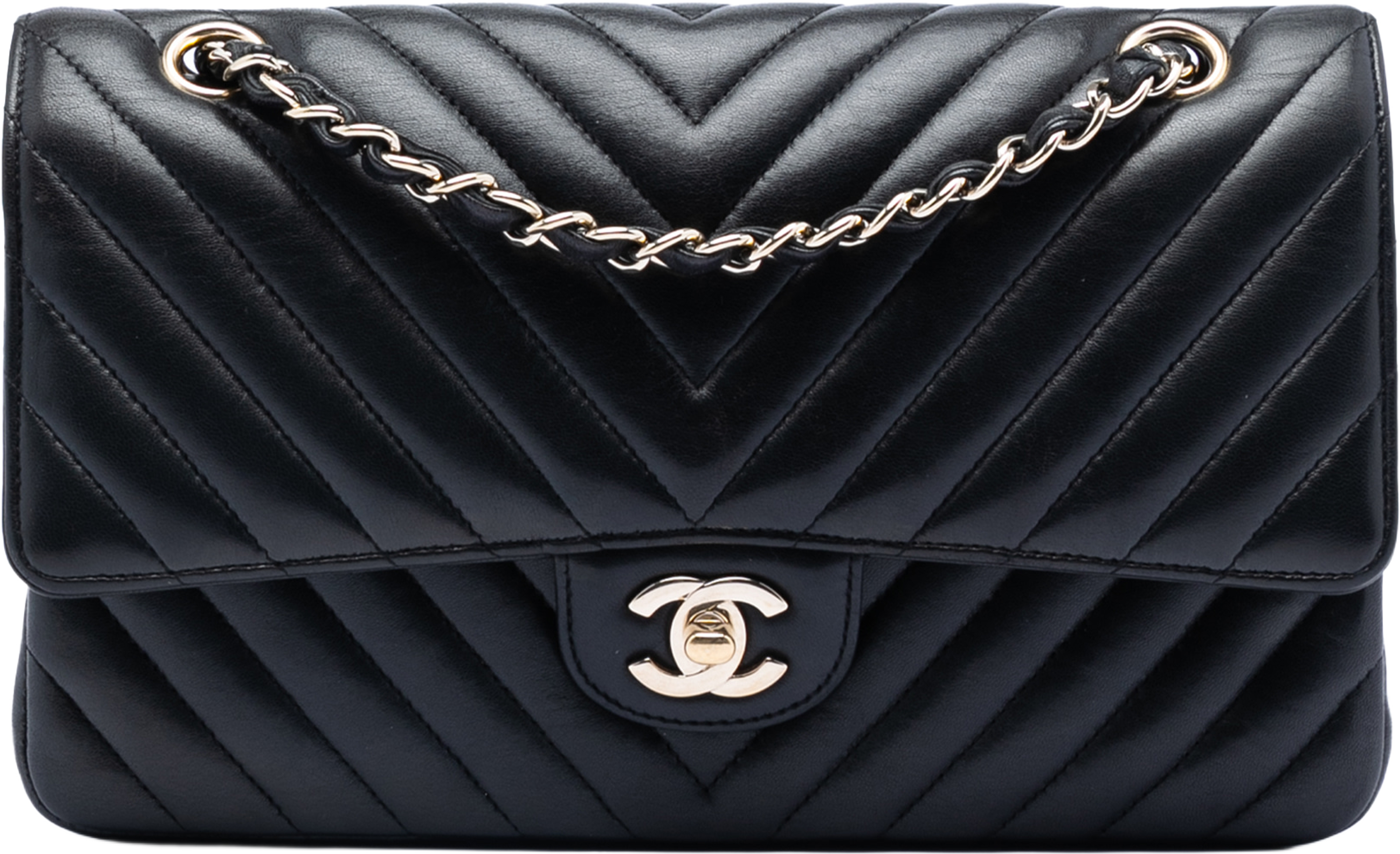 Chanel Medium Classic Chevron Lambskin Double Flap, från Luxclusif, i färgen black. Klicka för att öppna bilden i stort format