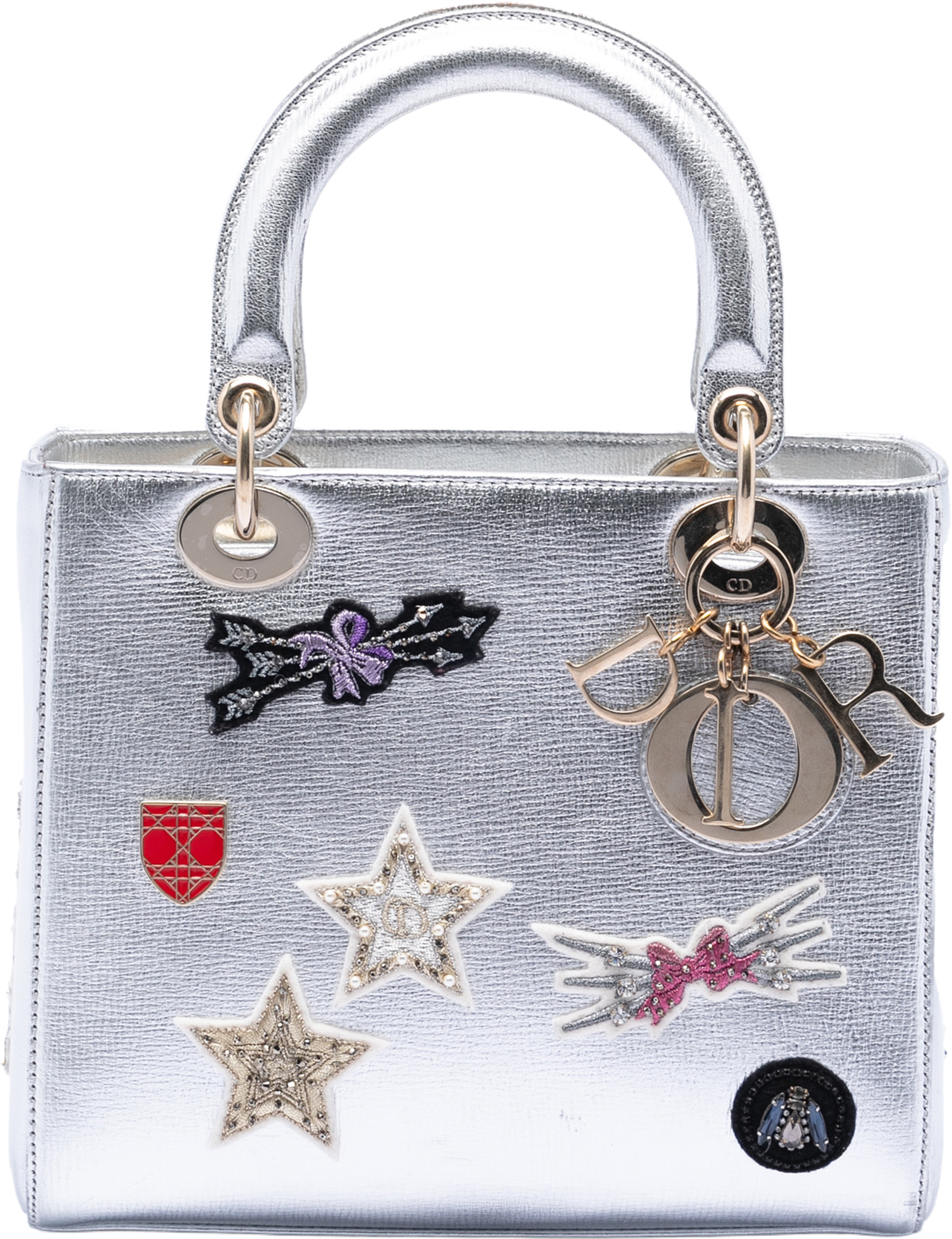 Dior Medium Calfskin Patch Embellished Lady Dior, från Luxclusif, i färgen silver. Klicka för att öppna bilden i stort format