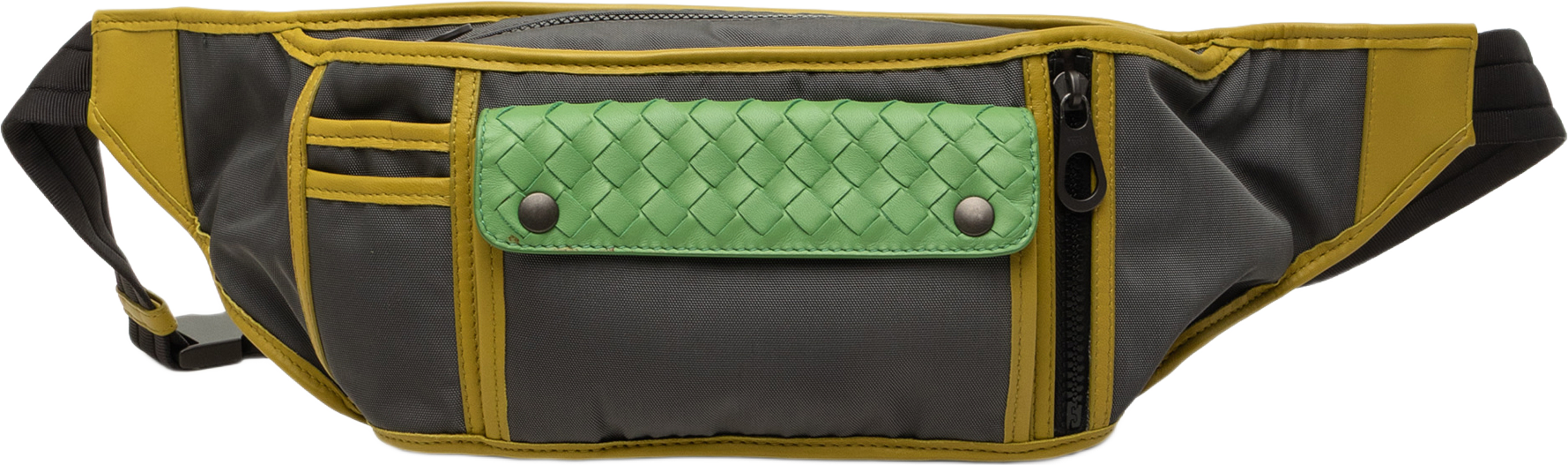 Bottega Veneta Nappa Intrecciato Trimmed Nylon Rudder Belt Bag, från Luxclusif, i färgen grå. Klicka för att öppna bilden i stort format
