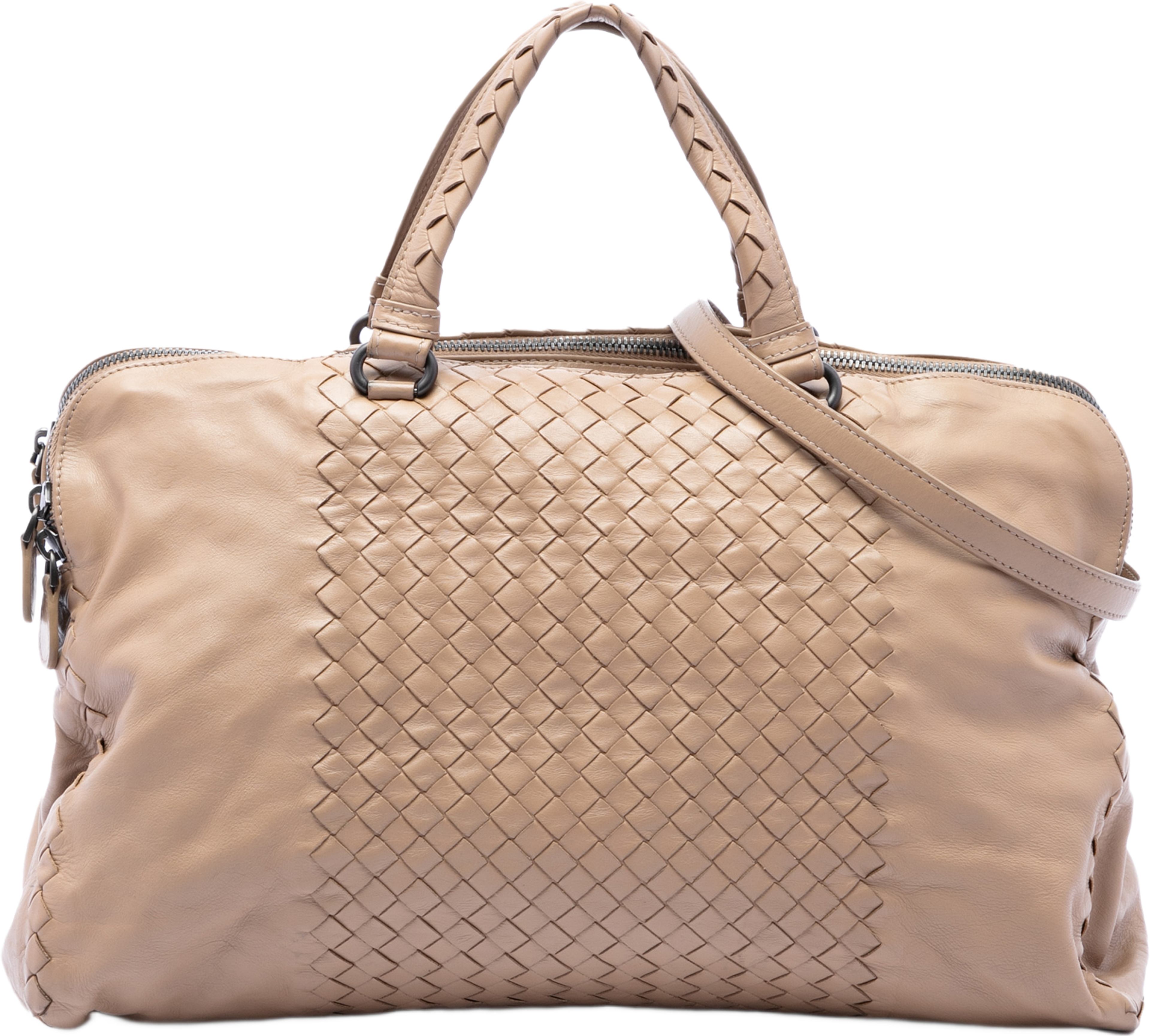 Bottega Veneta Large Nappa Intrecciato Leggero Satchel, från Luxclusif, i färgen beige. Klicka för att öppna bilden i stort format
